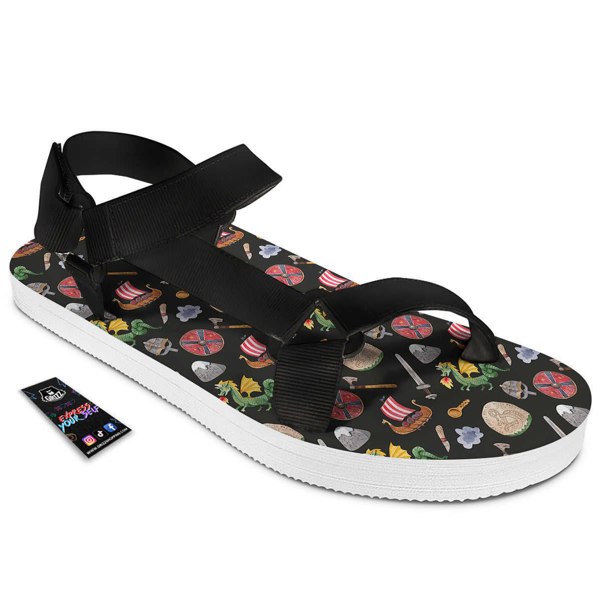 Vikings Watercolor Cartoon Style Print Pattern Black Open Toe Sandals-grizzshop