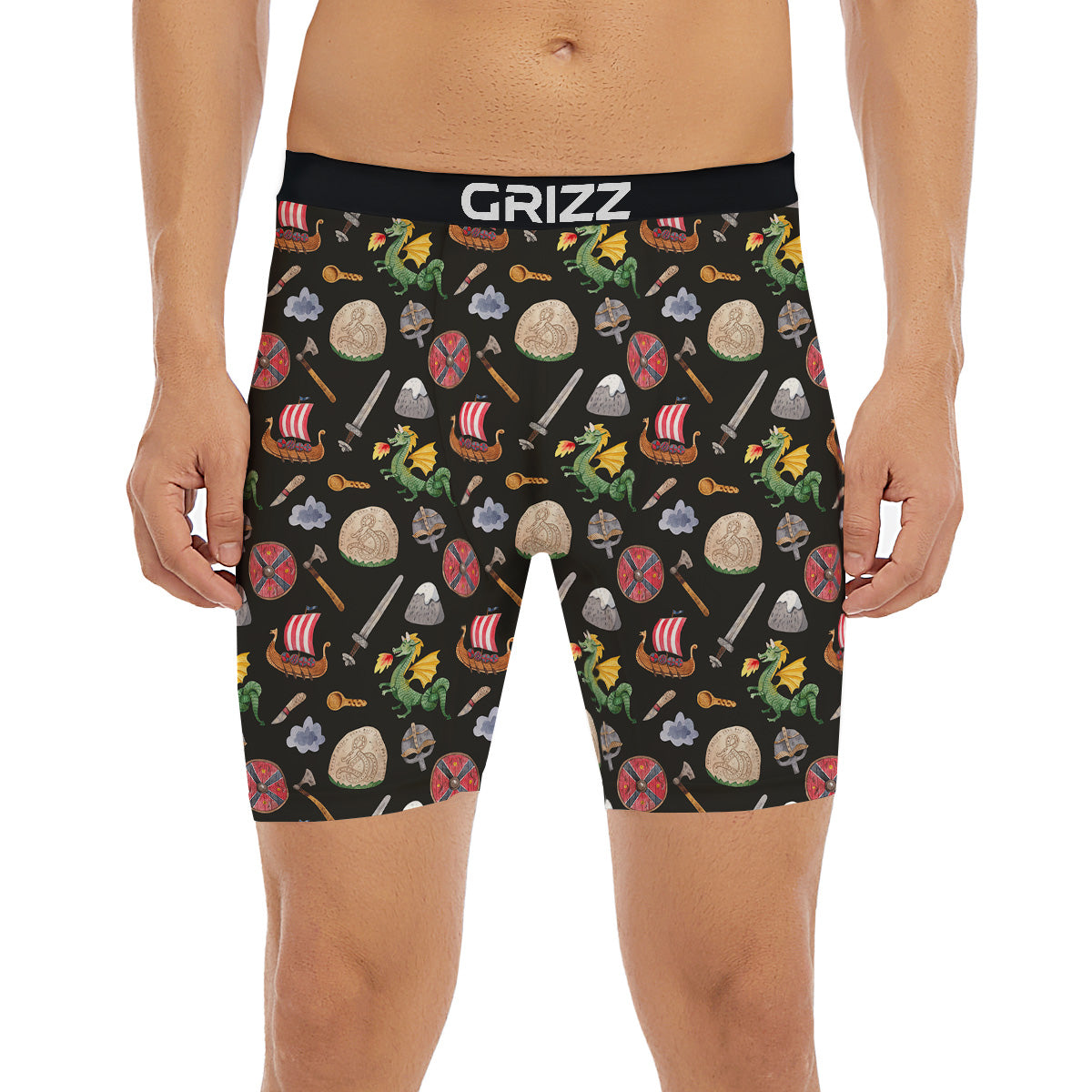Vikings Watercolor Cartoon Style Print Pattern Boxer Briefs-grizzshop