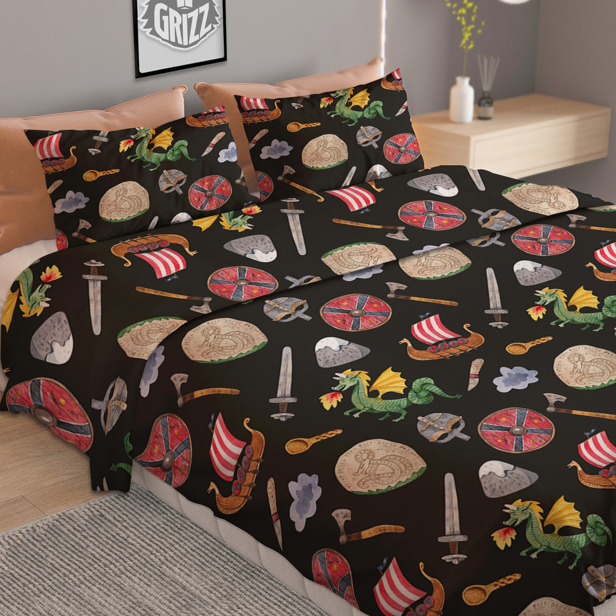 Vikings Watercolor Cartoon Style Print Pattern Duvet Cover Bedding Set