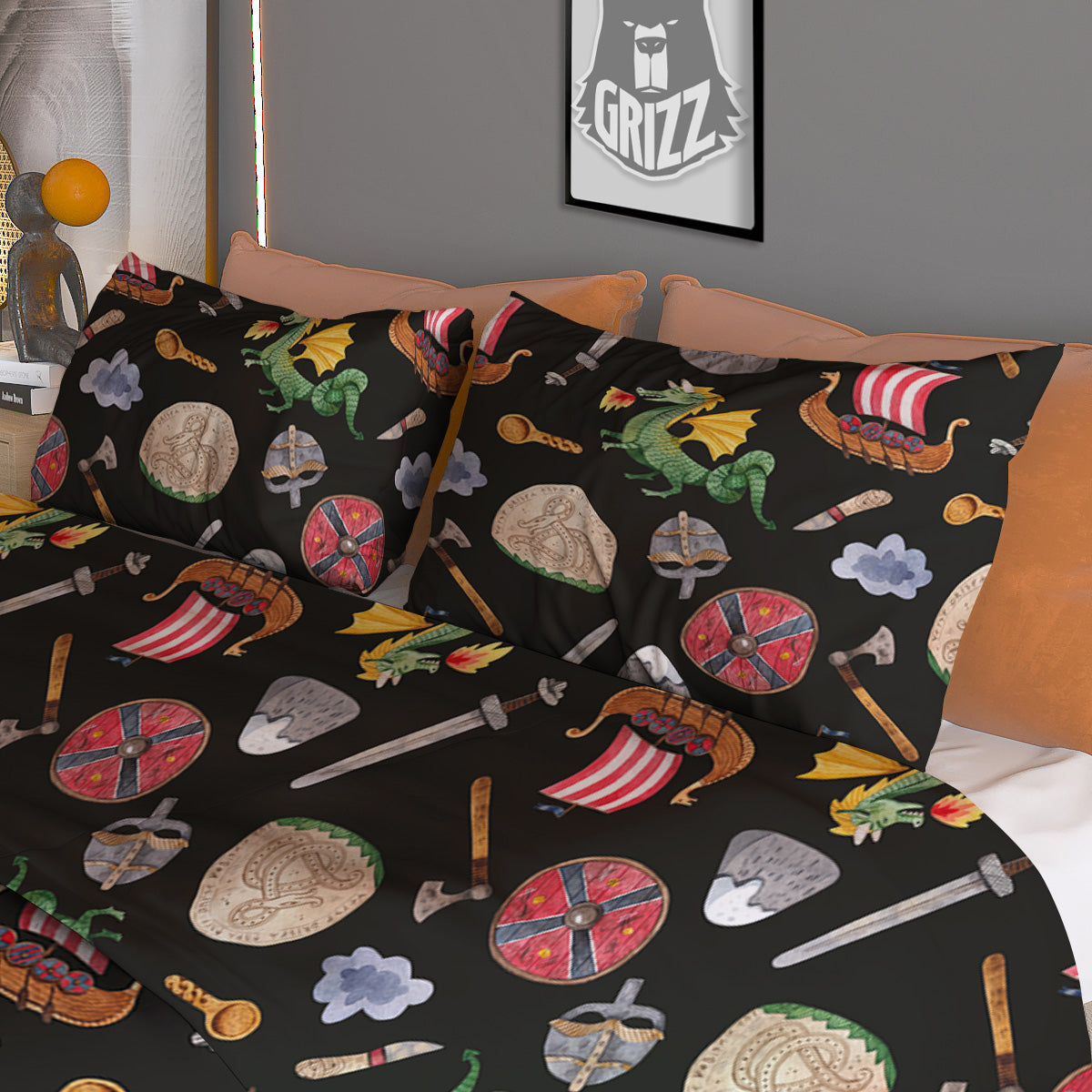 Vikings Watercolor Cartoon Style Print Pattern Duvet Cover Bedding Set