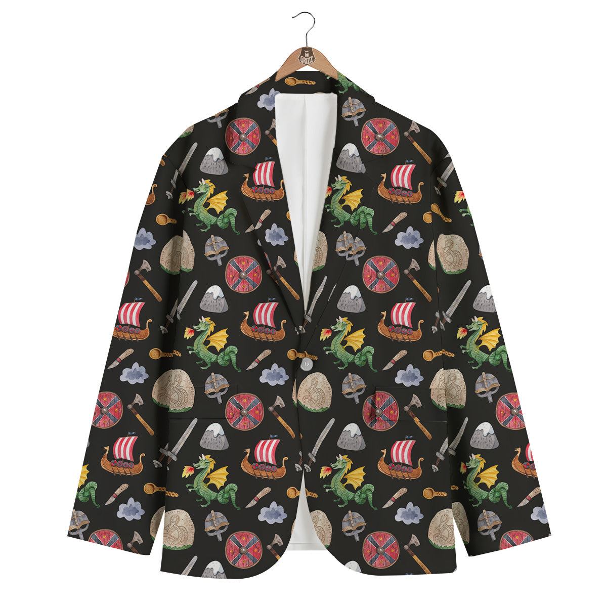 Vikings Watercolor Cartoon Style Print Pattern Men's Blazer-grizzshop