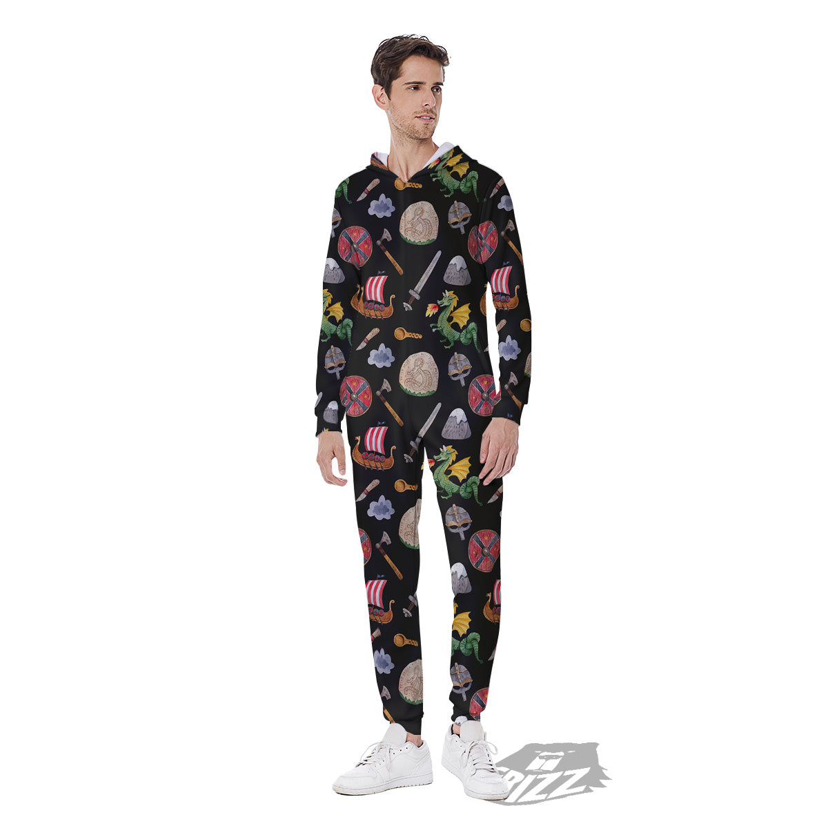Vikings Watercolor Cartoon Style Print Pattern Men's Jumpsuit-grizzshop