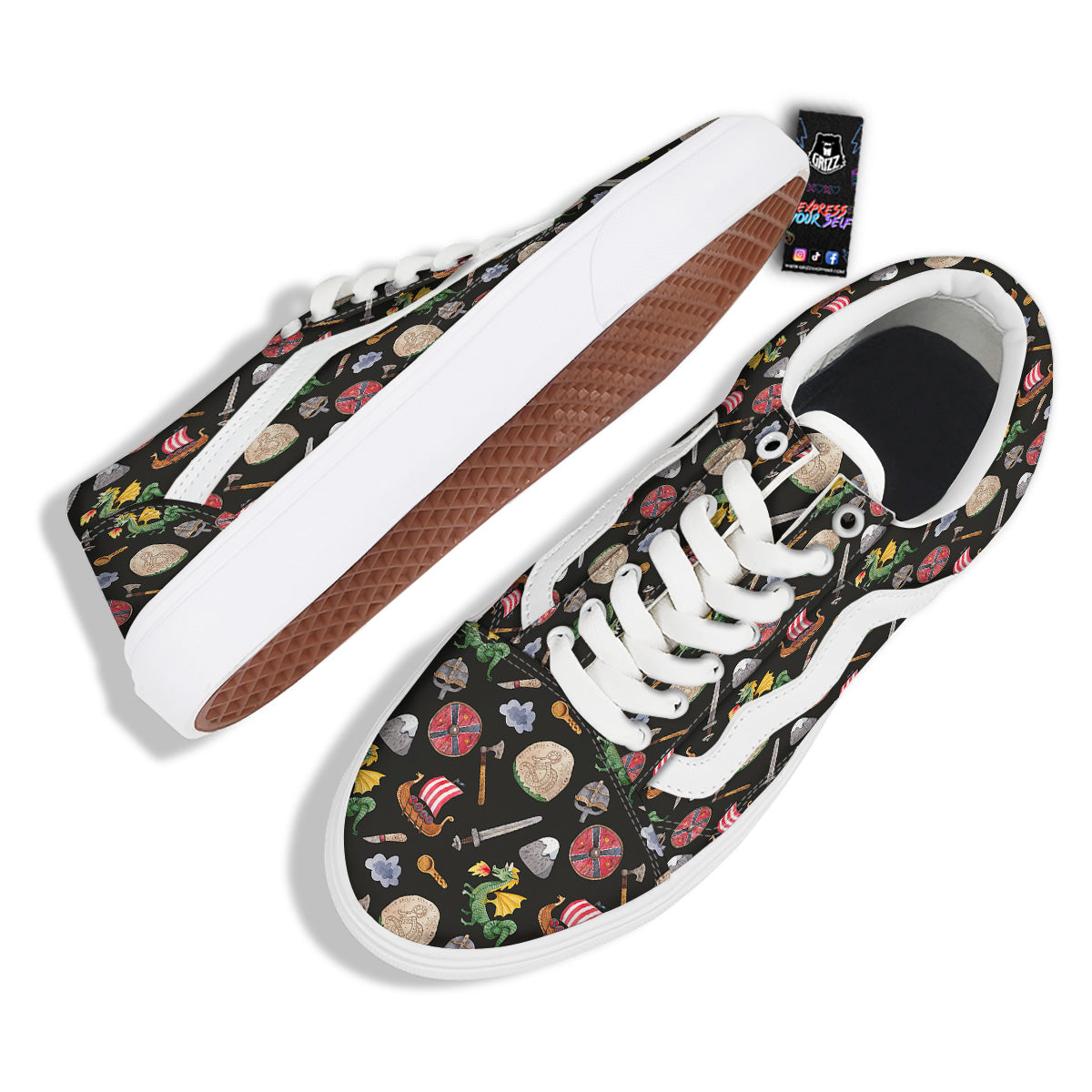 Vikings Watercolor Cartoon Style Print Pattern Skate Shoes-grizzshop