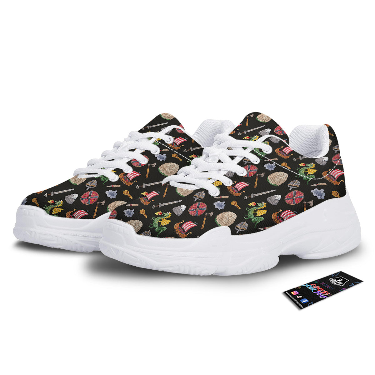 Vikings Watercolor Cartoon Style Print Pattern White Chunky Shoes-grizzshop