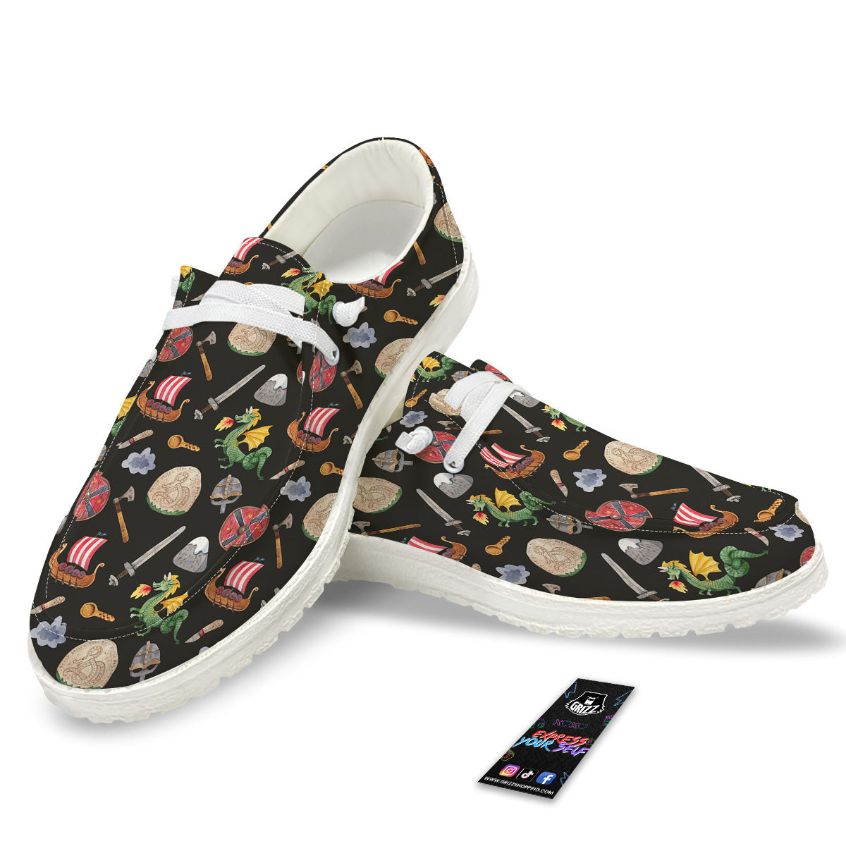 Vikings Watercolor Cartoon Style Print Pattern White Loafers-grizzshop