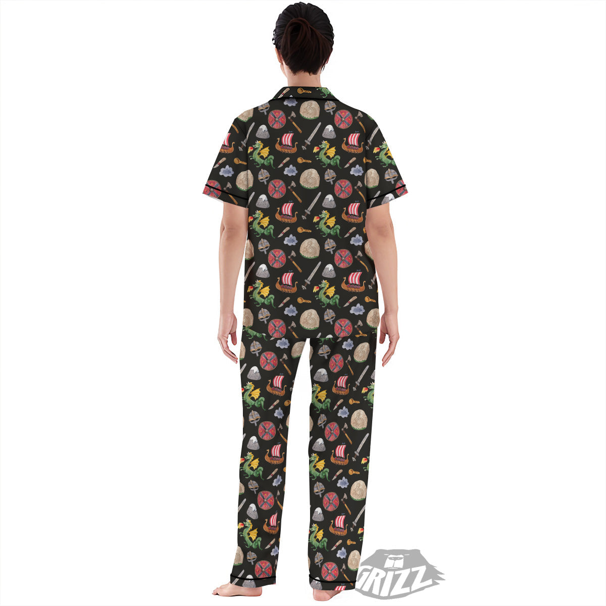 Vikings Watercolor Cartoon Style Print Pattern Women's Pajamas Set-grizzshop