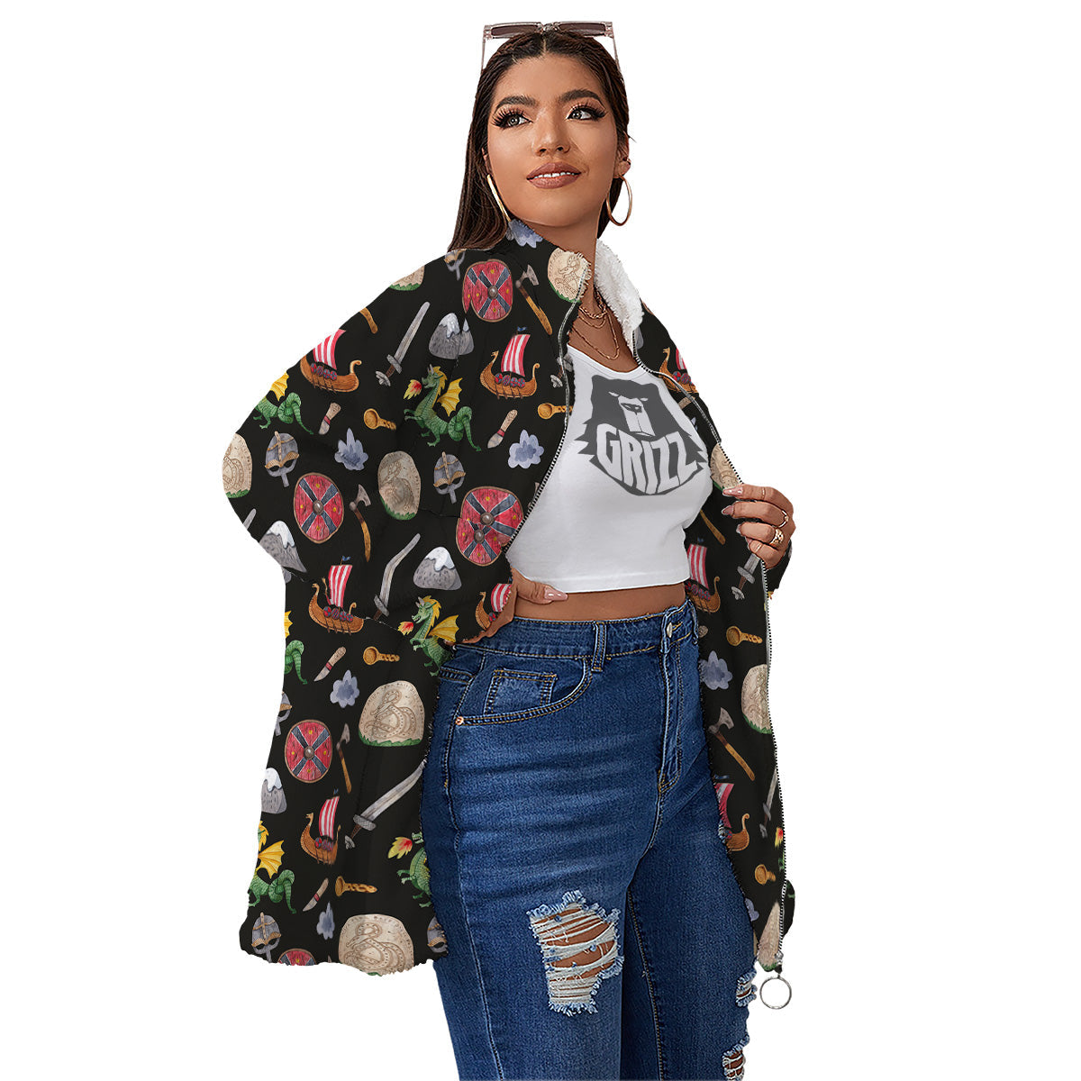 Vikings Watercolor Cartoon Style Print Pattern Women's Sherpa Jacket-grizzshop