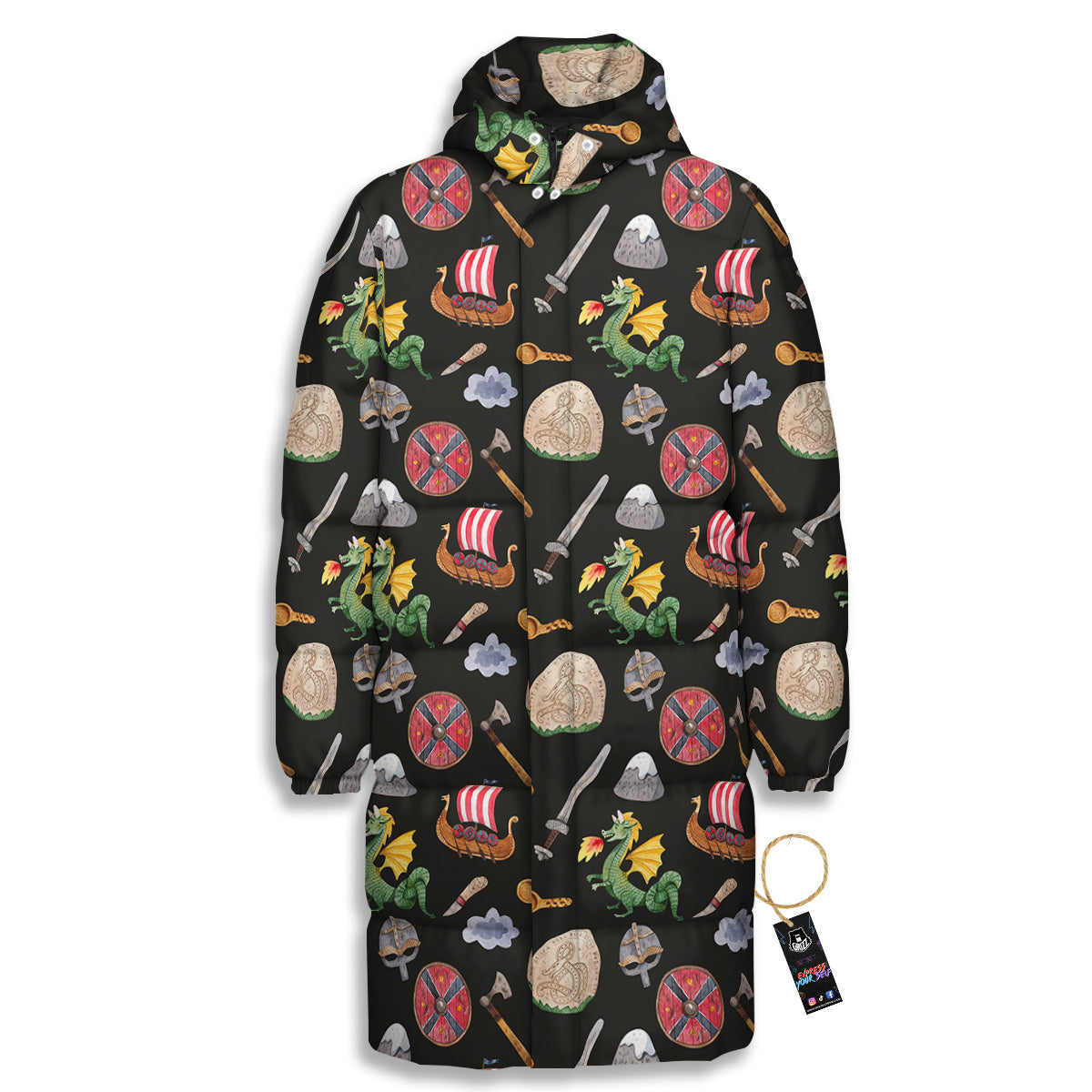 Vikings Watercolor Cartoon Style Print Pattern Long Down Jacket