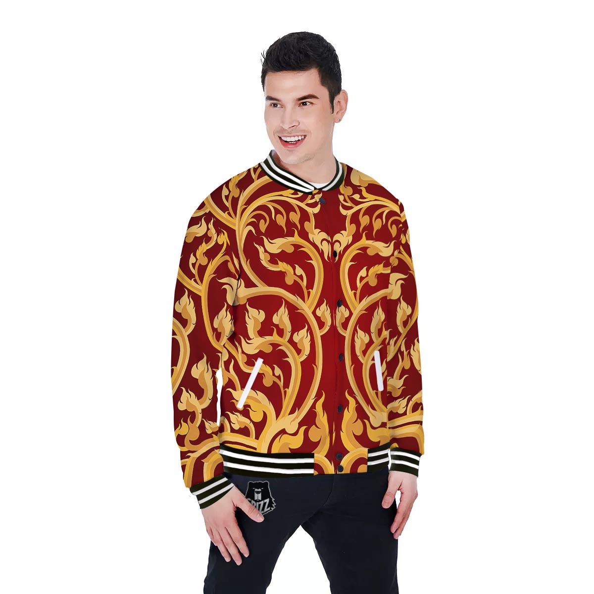Vines Thai Winding Print Baseball Jacket-grizzshop