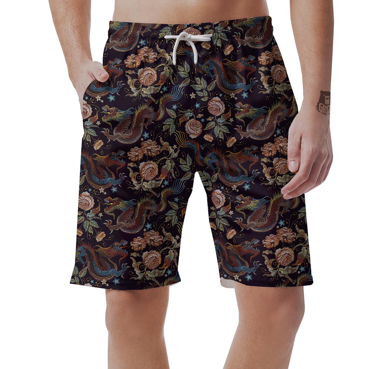 Vintage Chinese Dragon Floral Print Men's Shorts-grizzshop