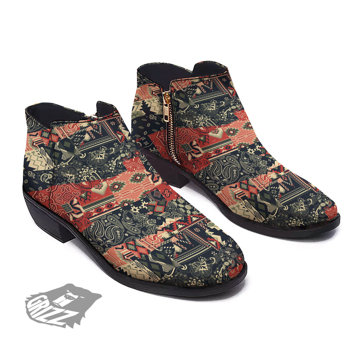 Vintage Color Bandana Patchwork Abstract Print Pattern Ankle Boots-grizzshop