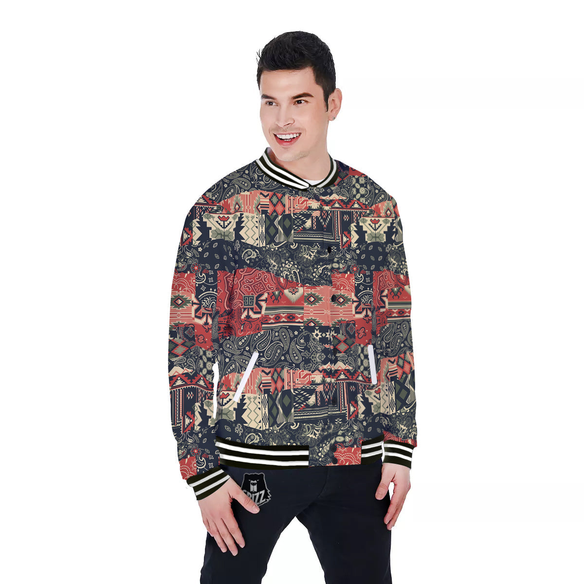 Vintage Color Bandana Patchwork Abstract Print Pattern Baseball Jacket-grizzshop