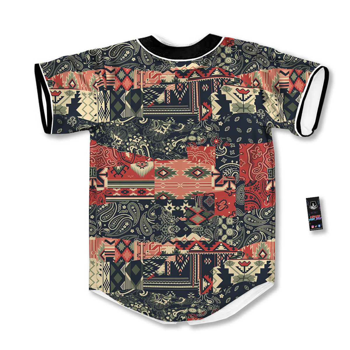 Vintage Color Bandana Patchwork Abstract Print Pattern Baseball Jersey-grizzshop