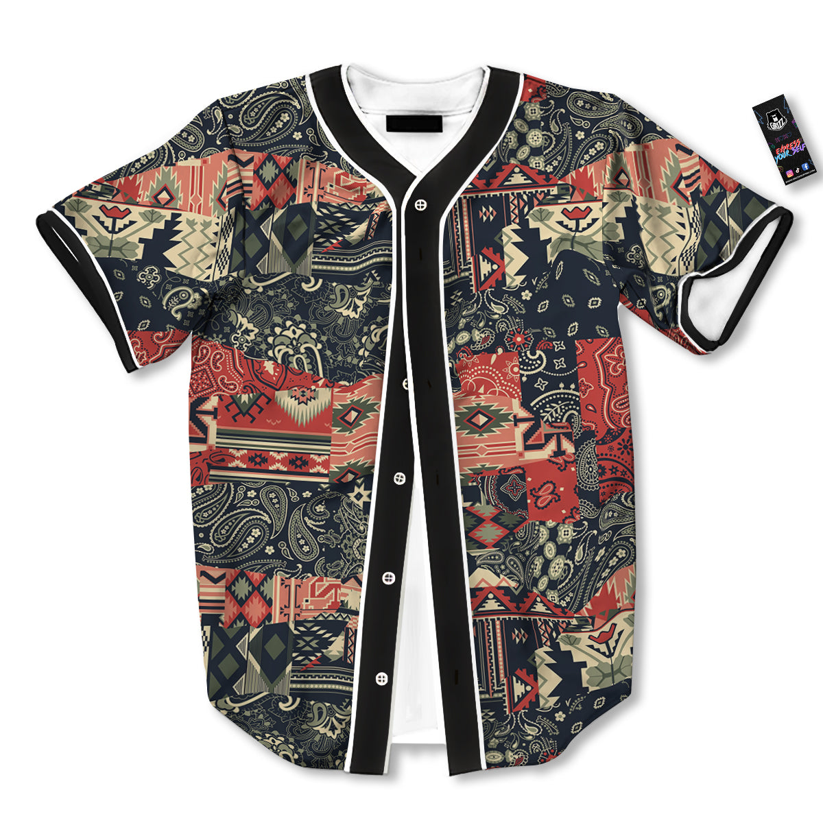 Vintage Color Bandana Patchwork Abstract Print Pattern Baseball Jersey-grizzshop