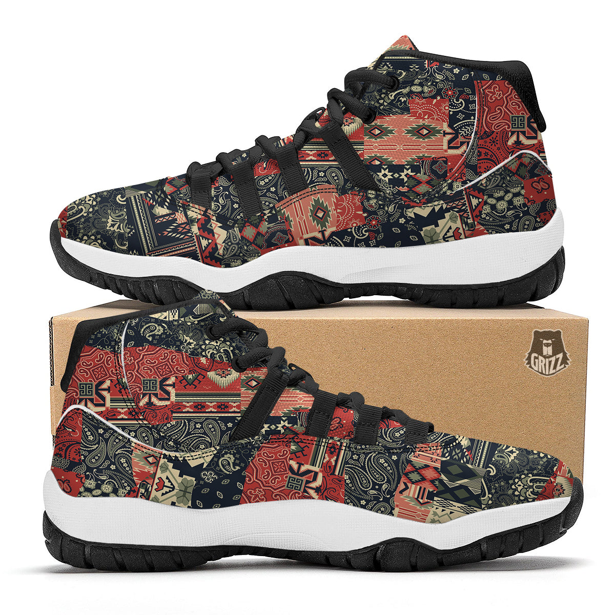 Vintage Color Bandana Patchwork Abstract Print Pattern Black Bball Shoes-grizzshop