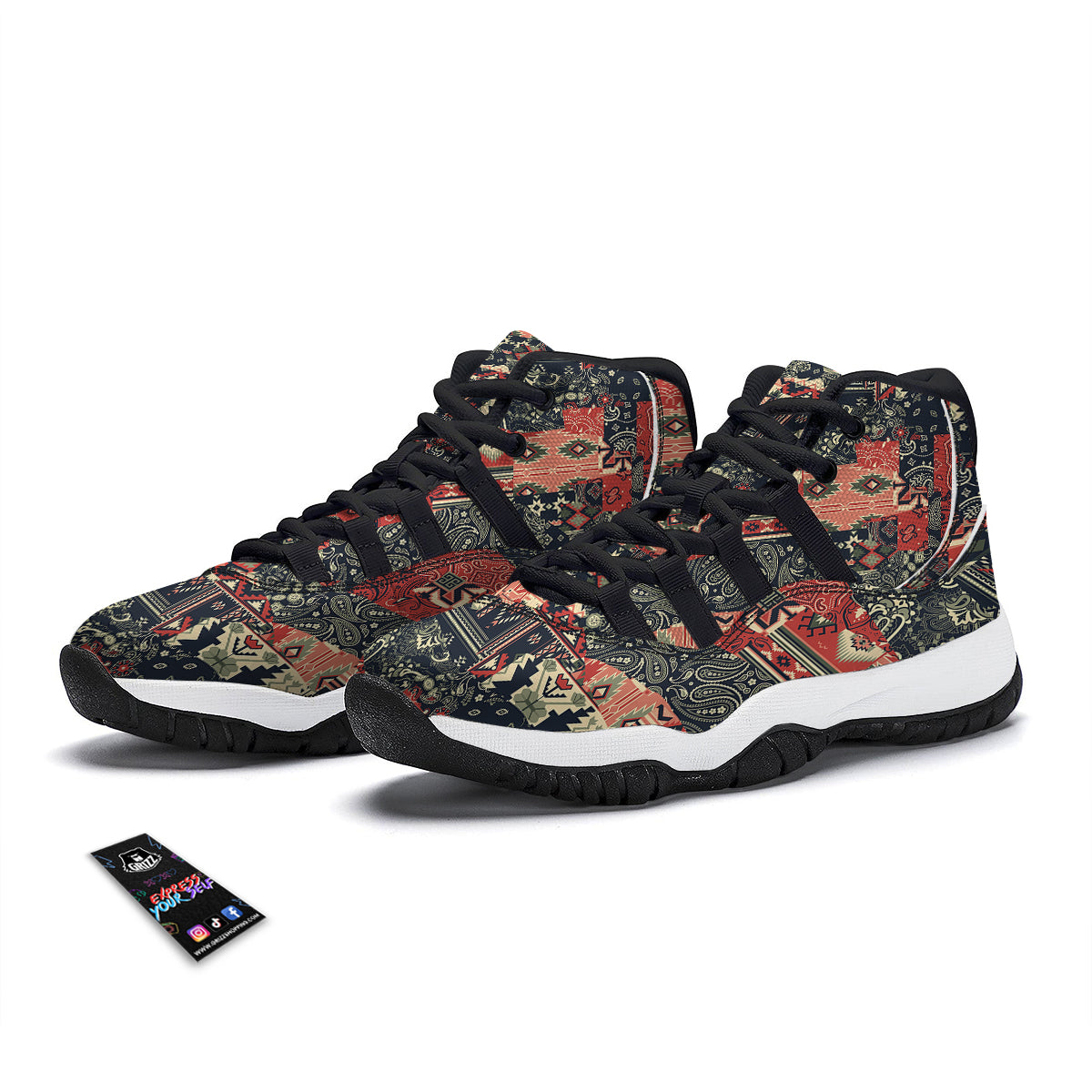 Vintage Color Bandana Patchwork Abstract Print Pattern Black Bball Shoes-grizzshop