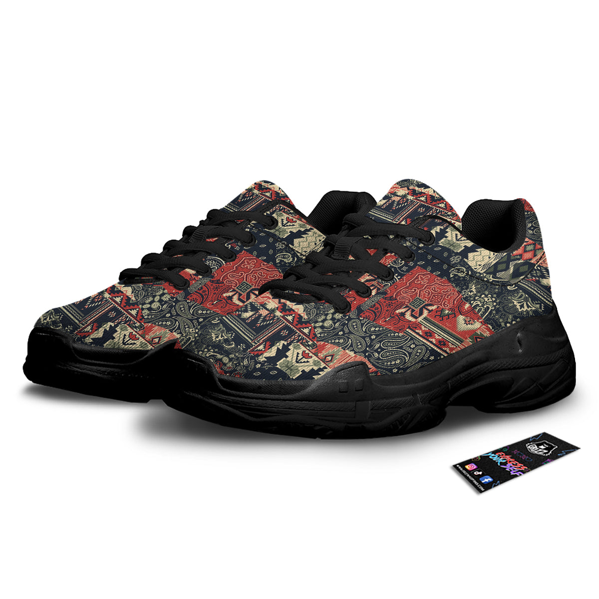 Vintage Color Bandana Patchwork Abstract Print Pattern Black Chunky Shoes-grizzshop