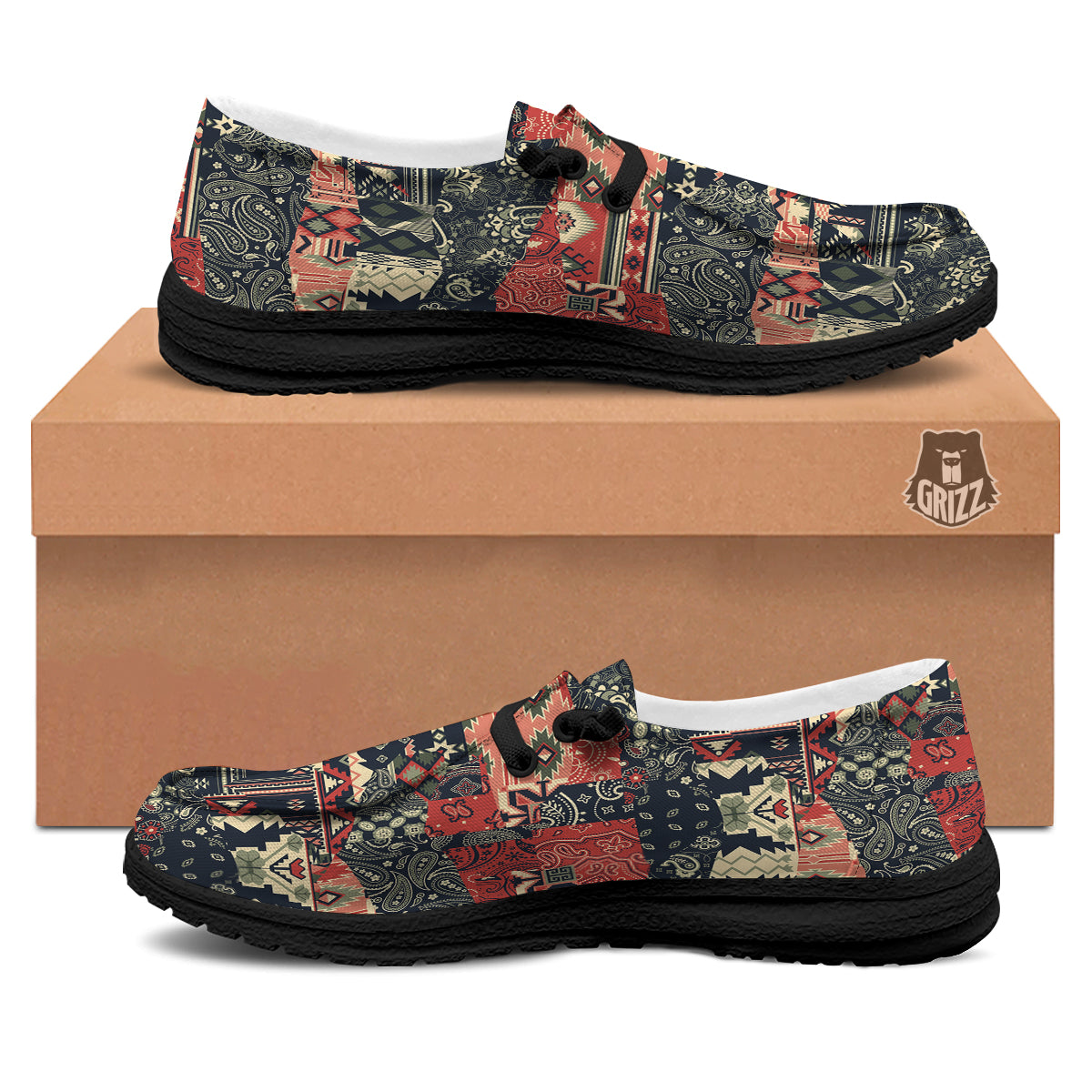 Vintage Color Bandana Patchwork Abstract Print Pattern Black Loafers-grizzshop