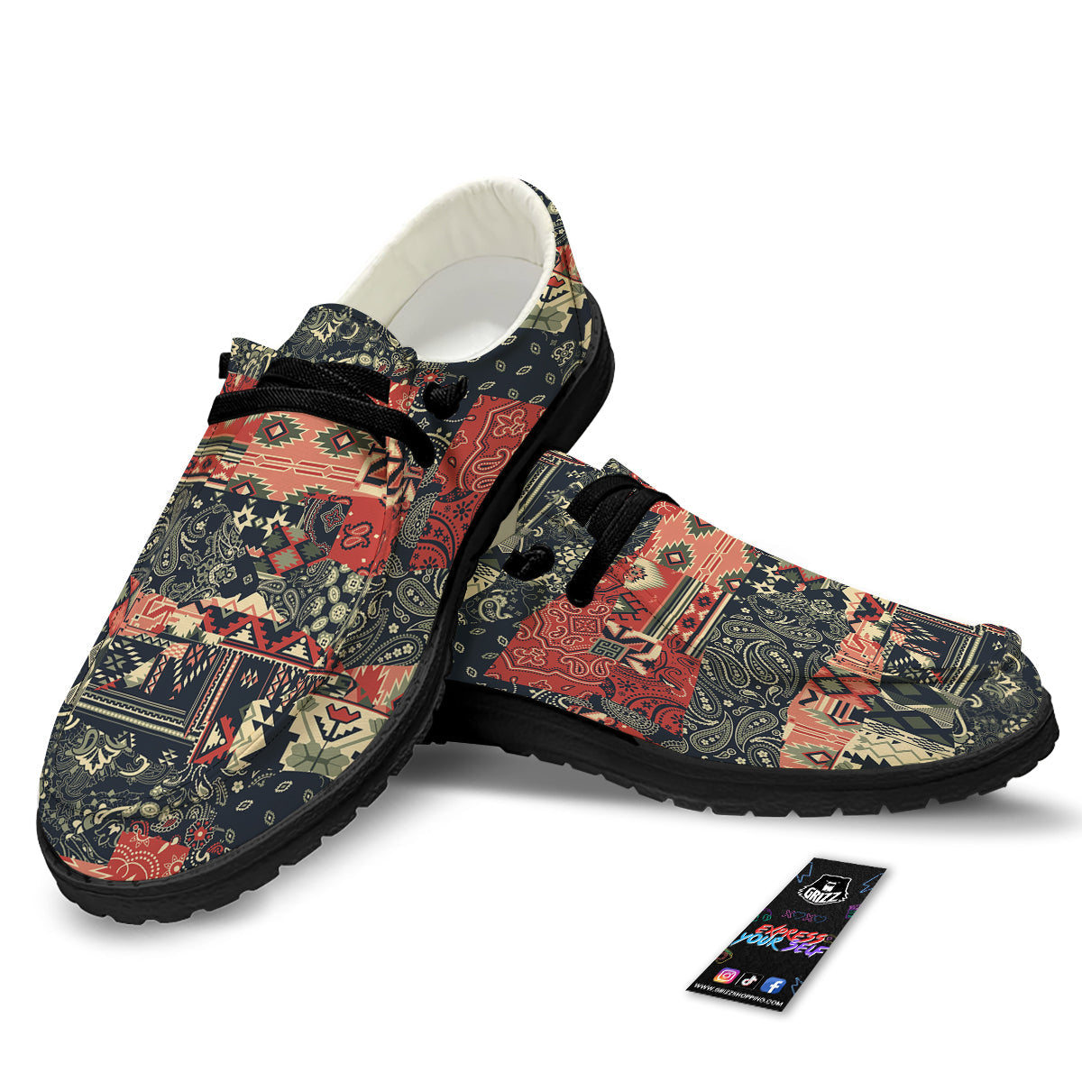 Vintage Color Bandana Patchwork Abstract Print Pattern Black Loafers-grizzshop