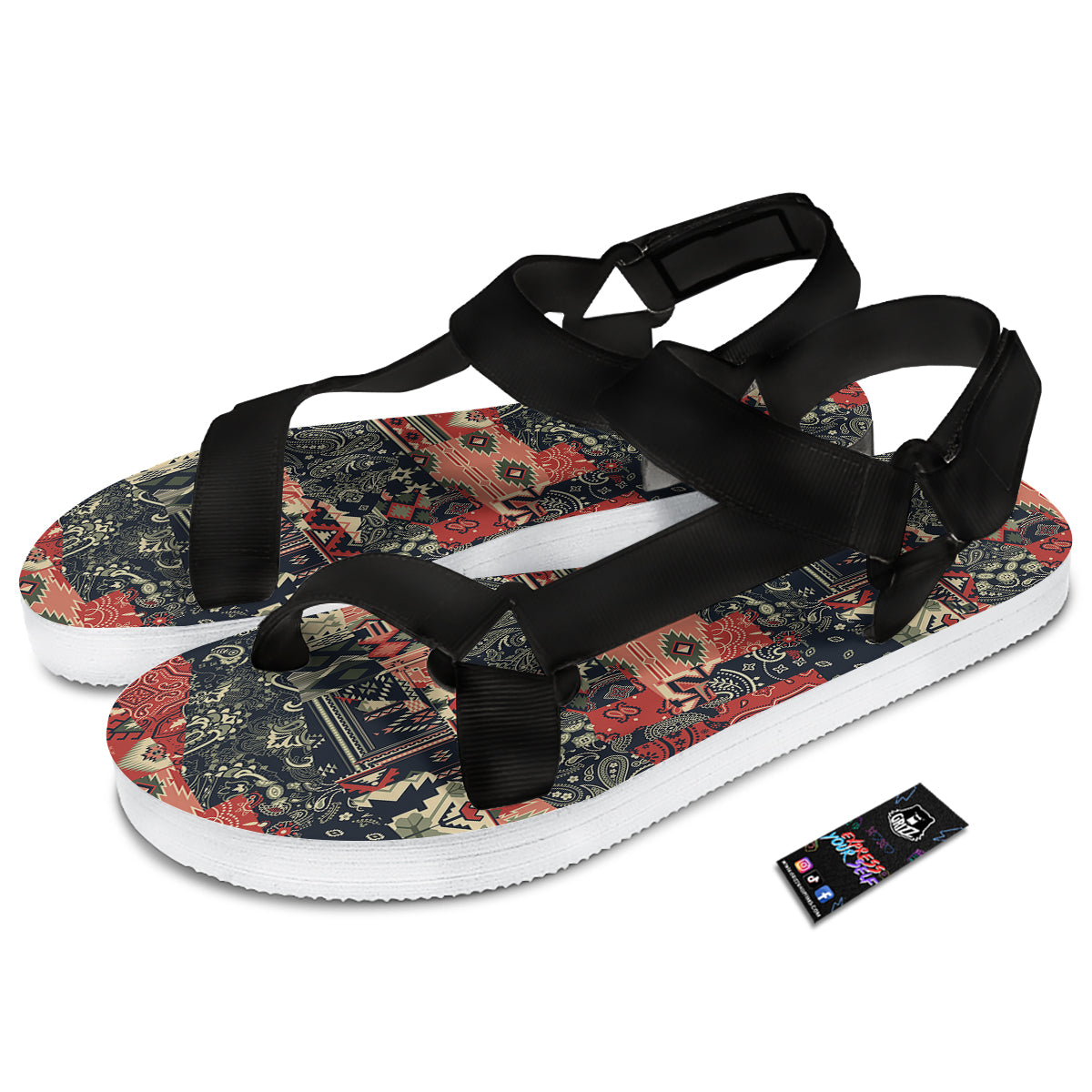 Vintage Color Bandana Patchwork Abstract Print Pattern Black Open Toe Sandals-grizzshop