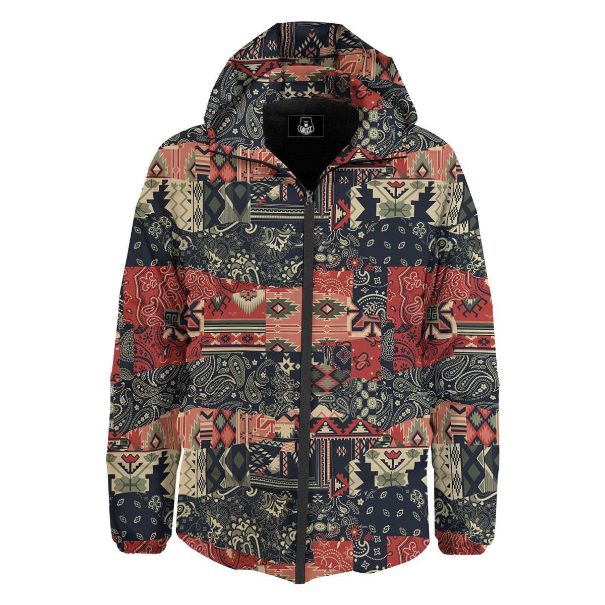 Vintage Color Bandana Patchwork Abstract Print Pattern Down Jacket-grizzshop