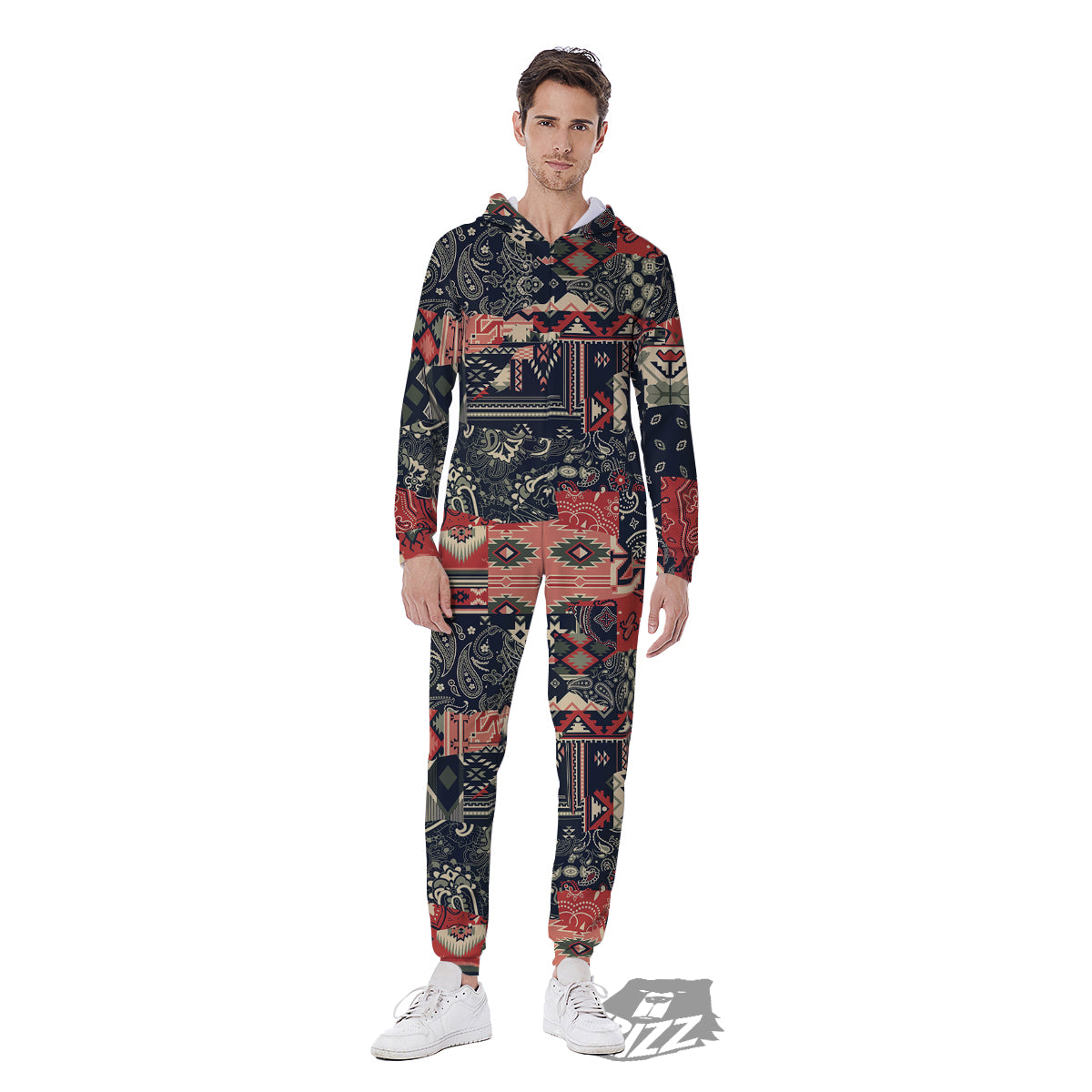 Vintage Color Bandana Patchwork Abstract Print Pattern Men's Jumpsuit-grizzshop
