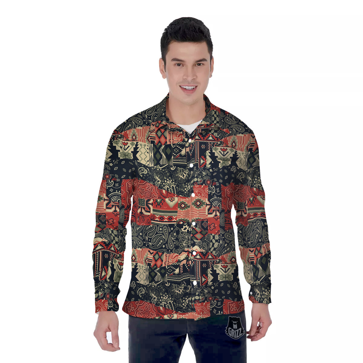 Vintage Color Bandana Patchwork Abstract Print Pattern Men's Long Sleeve Shirts-grizzshop