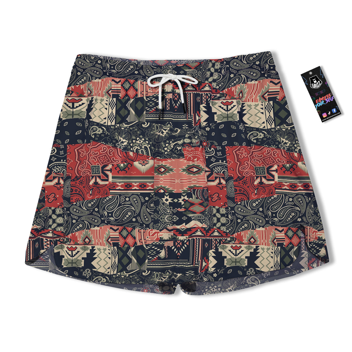Vintage Color Bandana Patchwork Abstract Print Pattern Men's Running Shorts-grizzshop