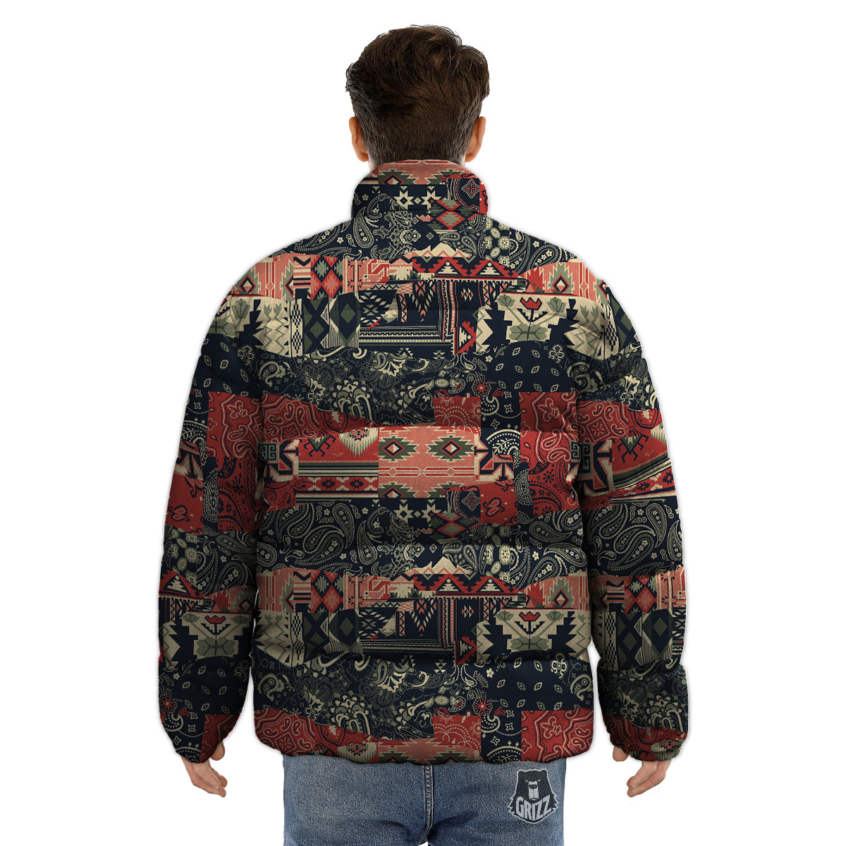 Vintage Color Bandana Patchwork Abstract Print Pattern Puffer Jacket-grizzshop