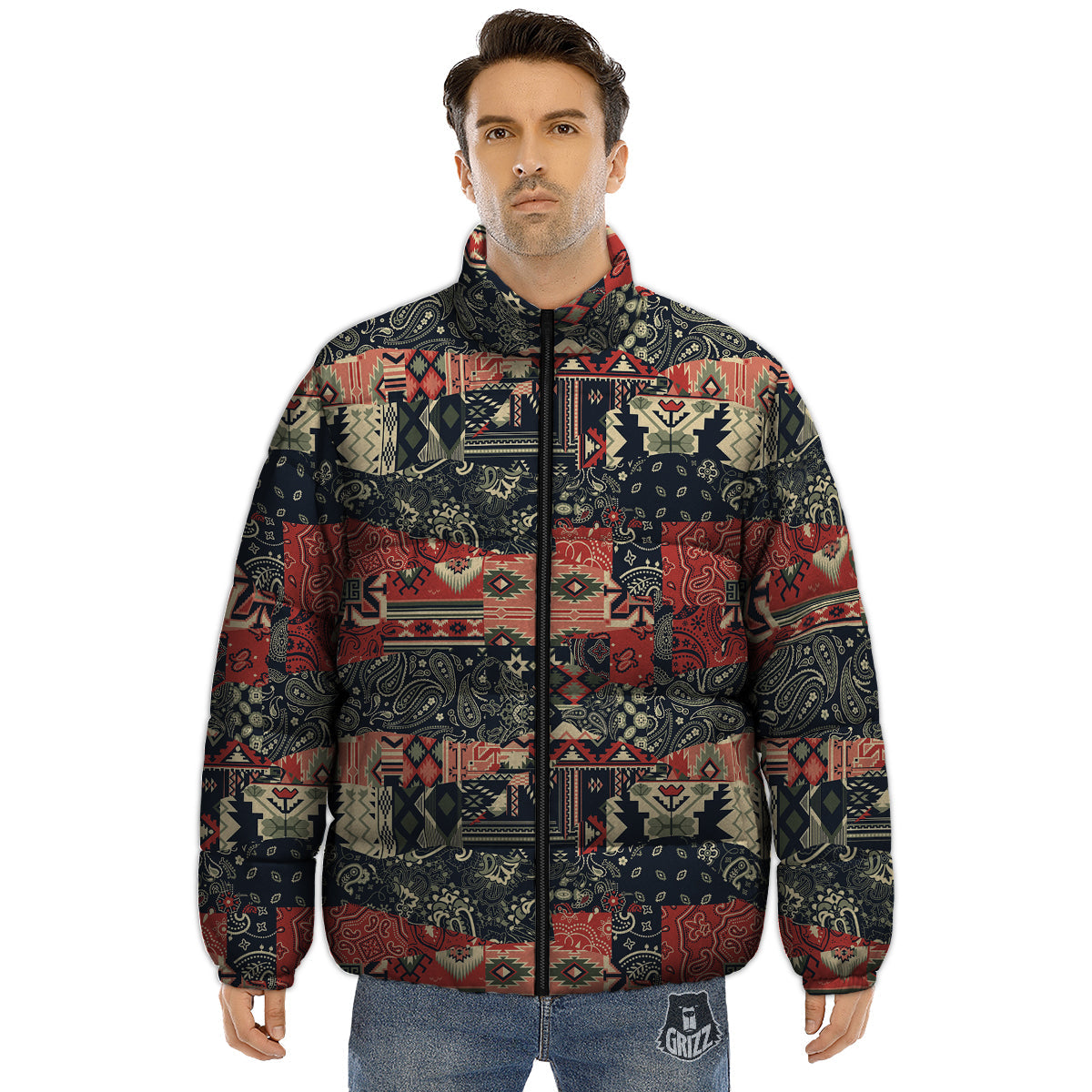 Vintage Color Bandana Patchwork Abstract Print Pattern Puffer Jacket-grizzshop