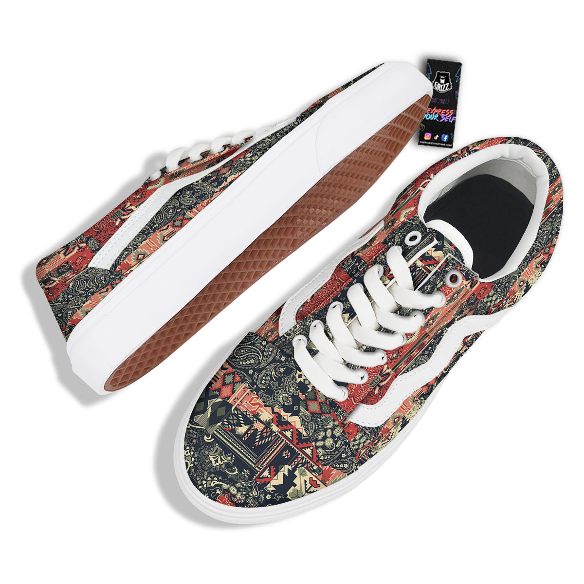 Vintage Color Bandana Patchwork Abstract Print Pattern Skate Shoes-grizzshop