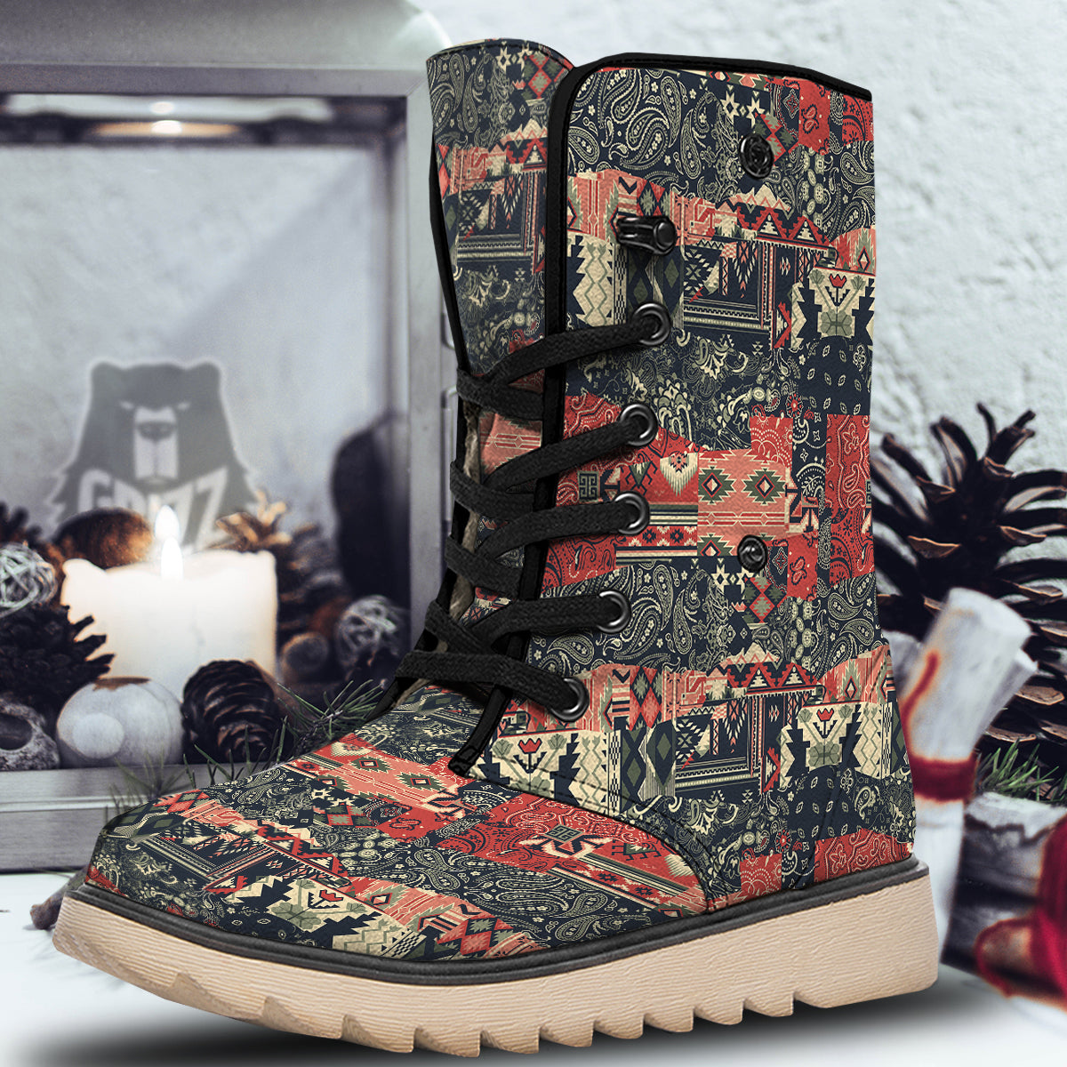 Vintage Color Bandana Patchwork Abstract Print Pattern Snow Boots-grizzshop