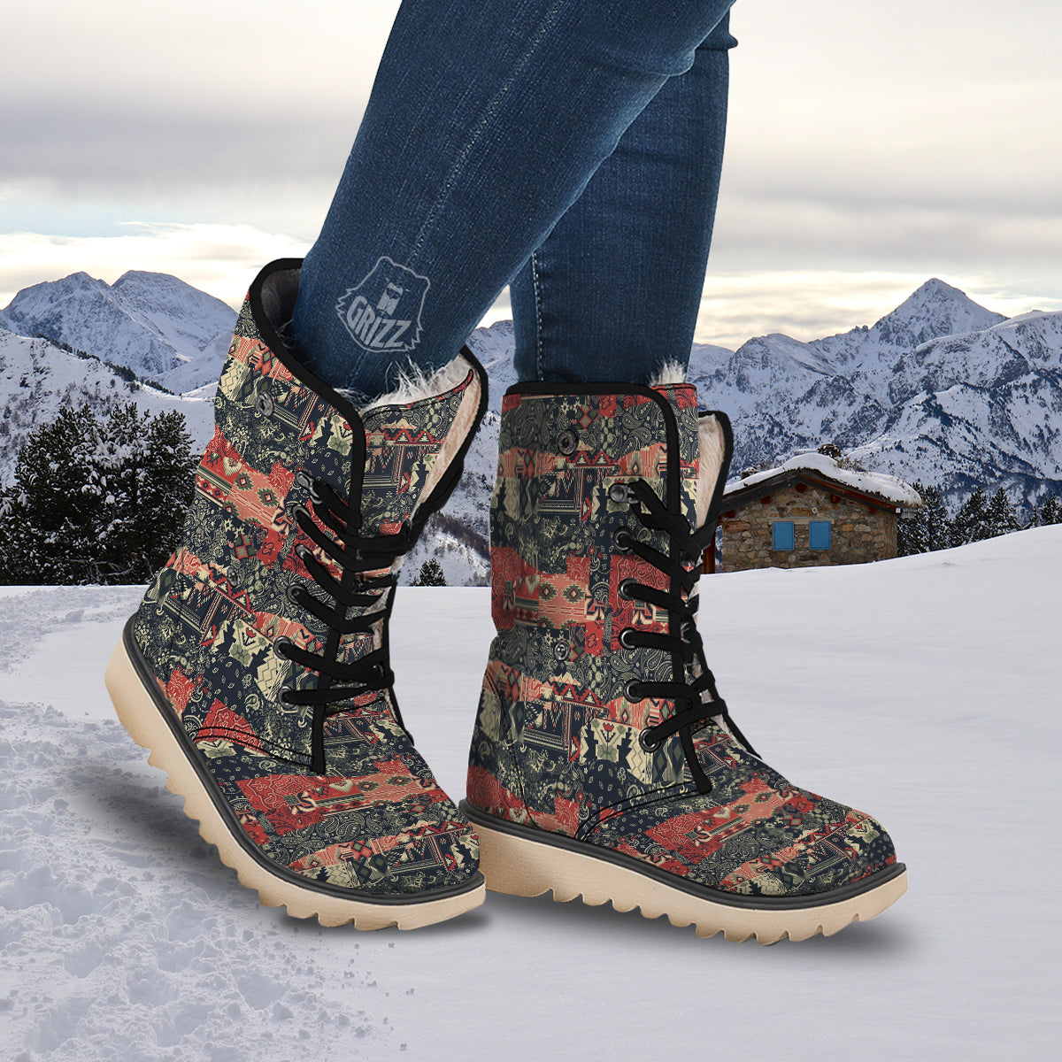Vintage Color Bandana Patchwork Abstract Print Pattern Snow Boots-grizzshop