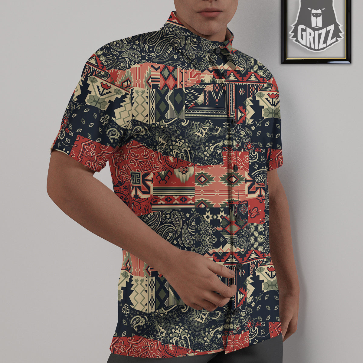 Vintage Color Bandana Patchwork Abstract Print Pattern Untucked Shirts-grizzshop