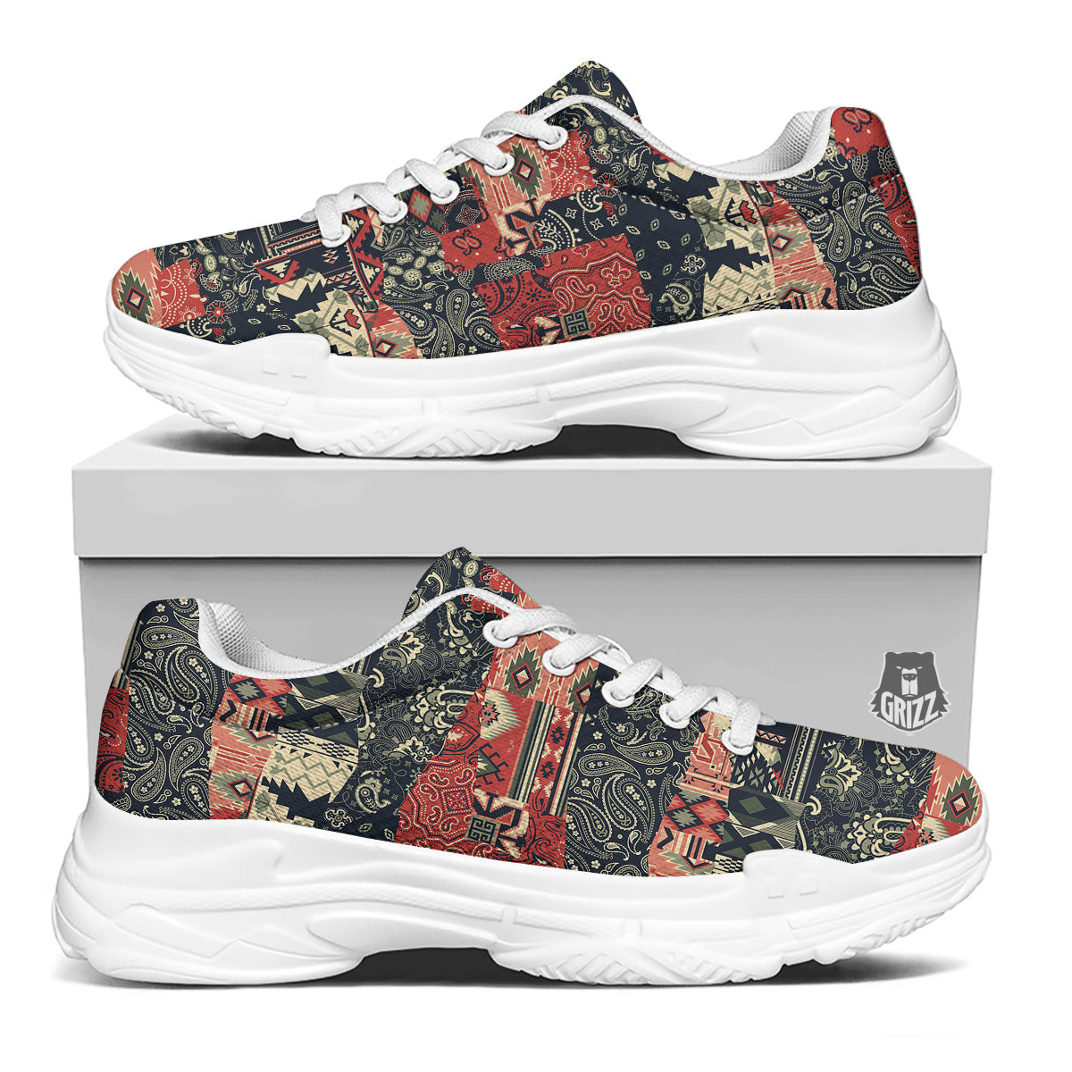 Vintage Color Bandana Patchwork Abstract Print Pattern White Chunky Shoes-grizzshop