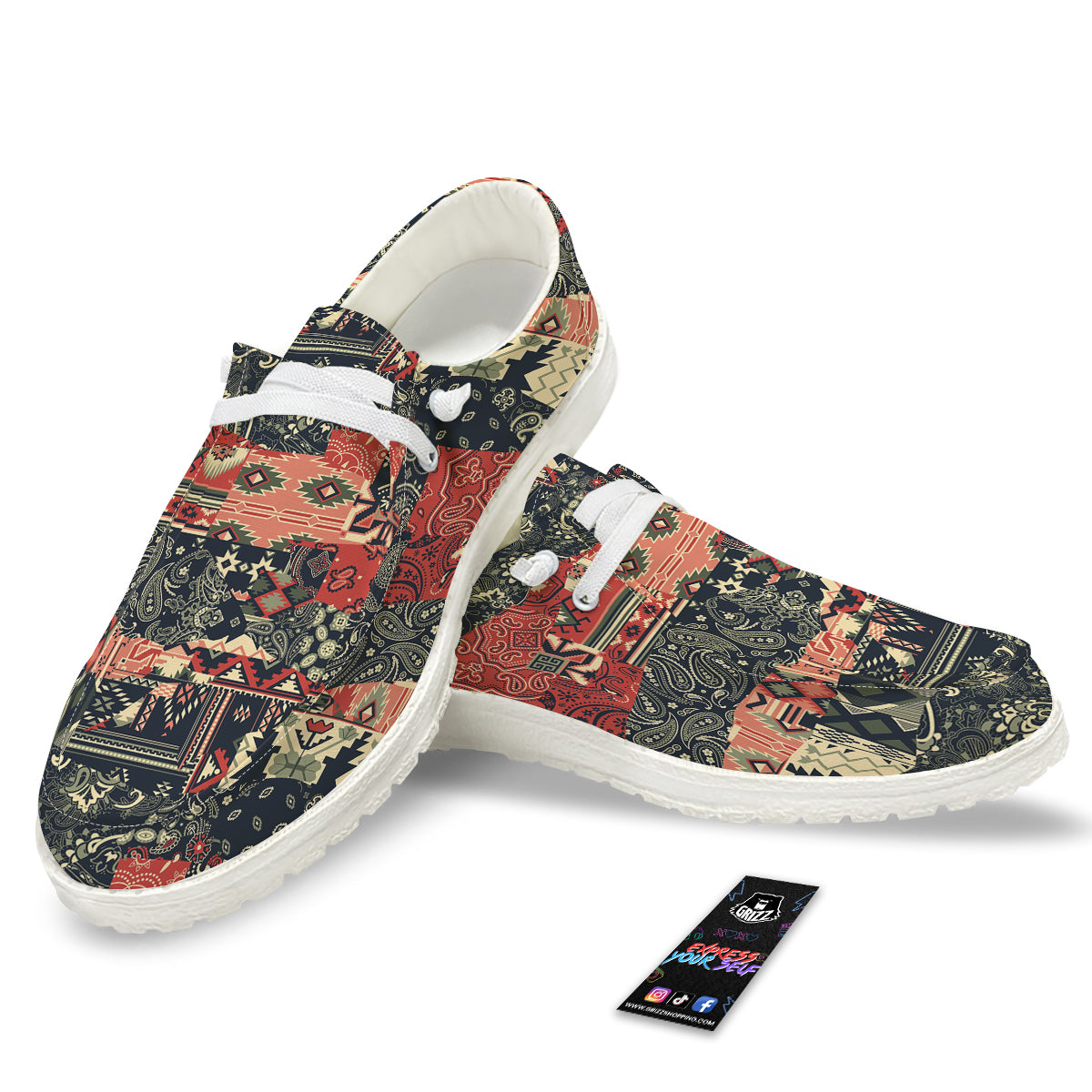 Vintage Color Bandana Patchwork Abstract Print Pattern White Loafers-grizzshop