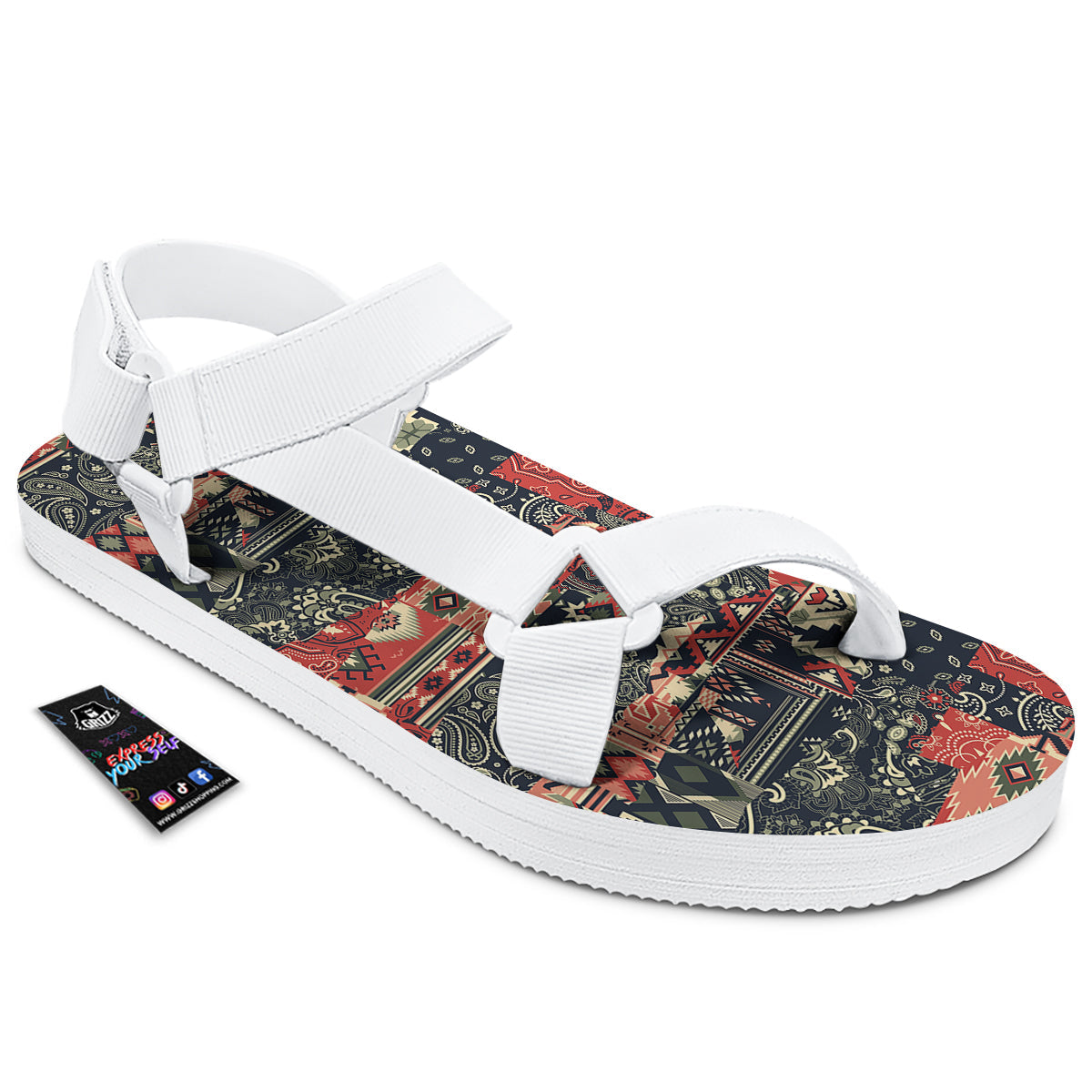 Vintage Color Bandana Patchwork Abstract Print Pattern White Open Toe Sandals-grizzshop