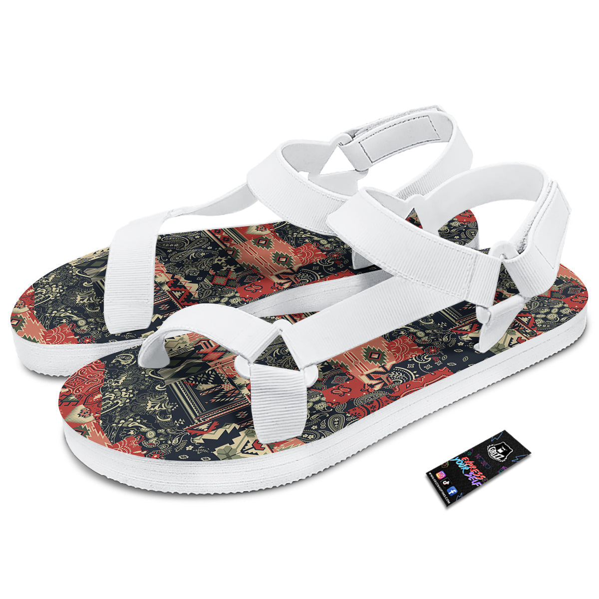 Vintage Color Bandana Patchwork Abstract Print Pattern White Open Toe Sandals-grizzshop