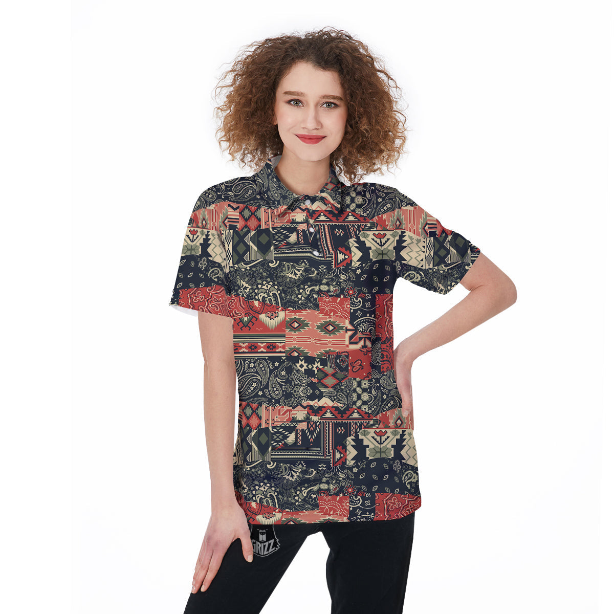 Vintage Color Bandana Patchwork Abstract Print Pattern Women's Golf Shirts-grizzshop