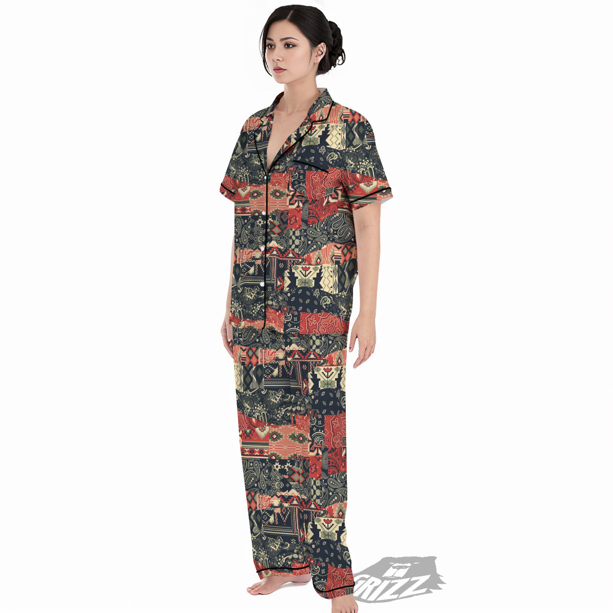 Vintage Color Bandana Patchwork Abstract Print Pattern Women's Pajamas Set-grizzshop