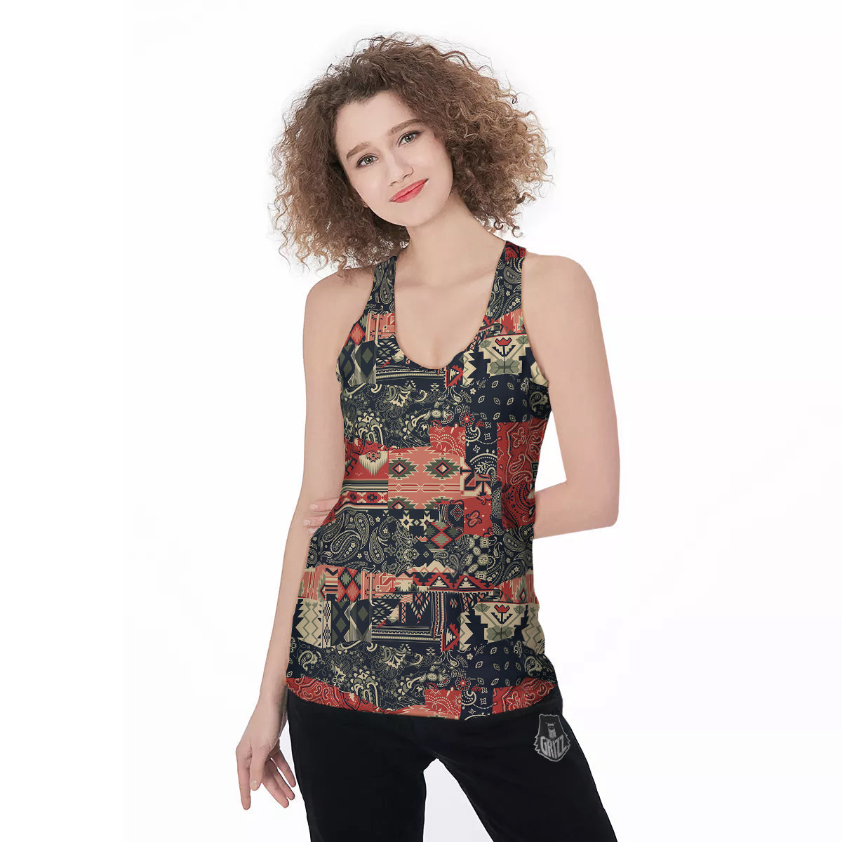 Vintage Color Bandana Patchwork Abstract Print Pattern Women's Racerback Tank Top-grizzshop
