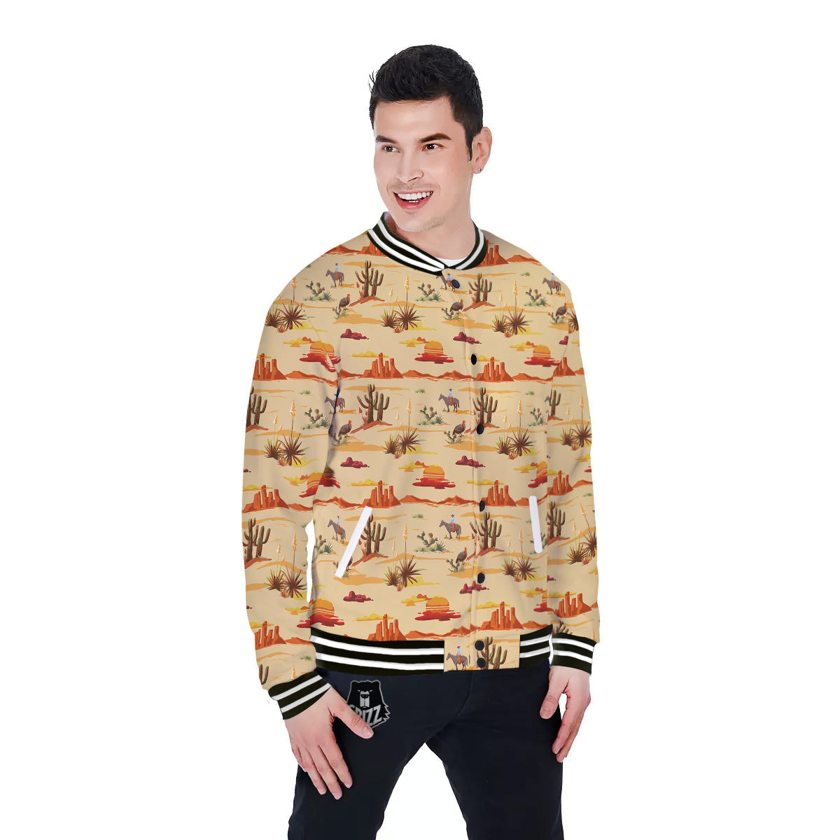 Vintage Cowboy Print Pattern Baseball Jacket-grizzshop