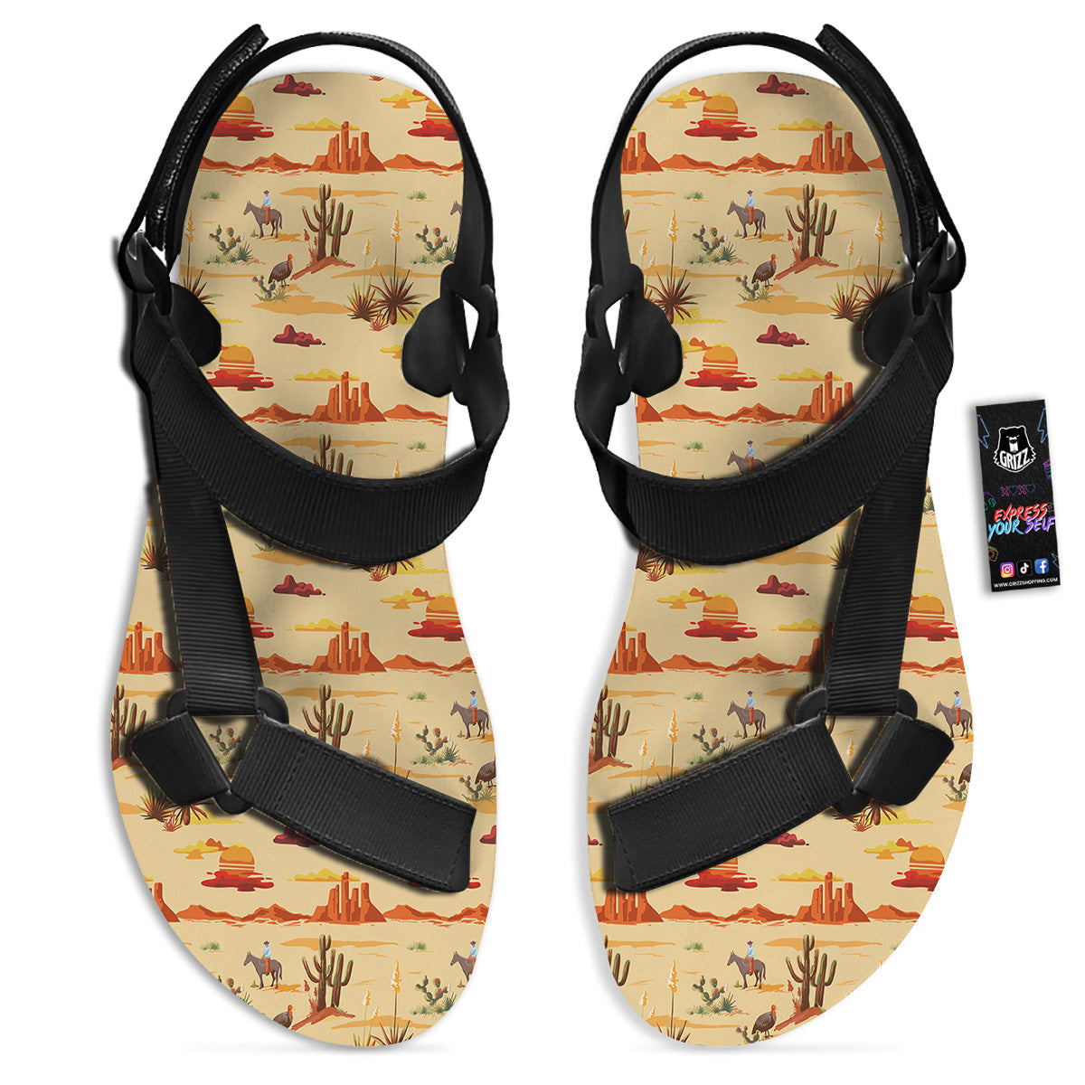 Vintage Cowboy Print Pattern Black Open Toe Sandals-grizzshop