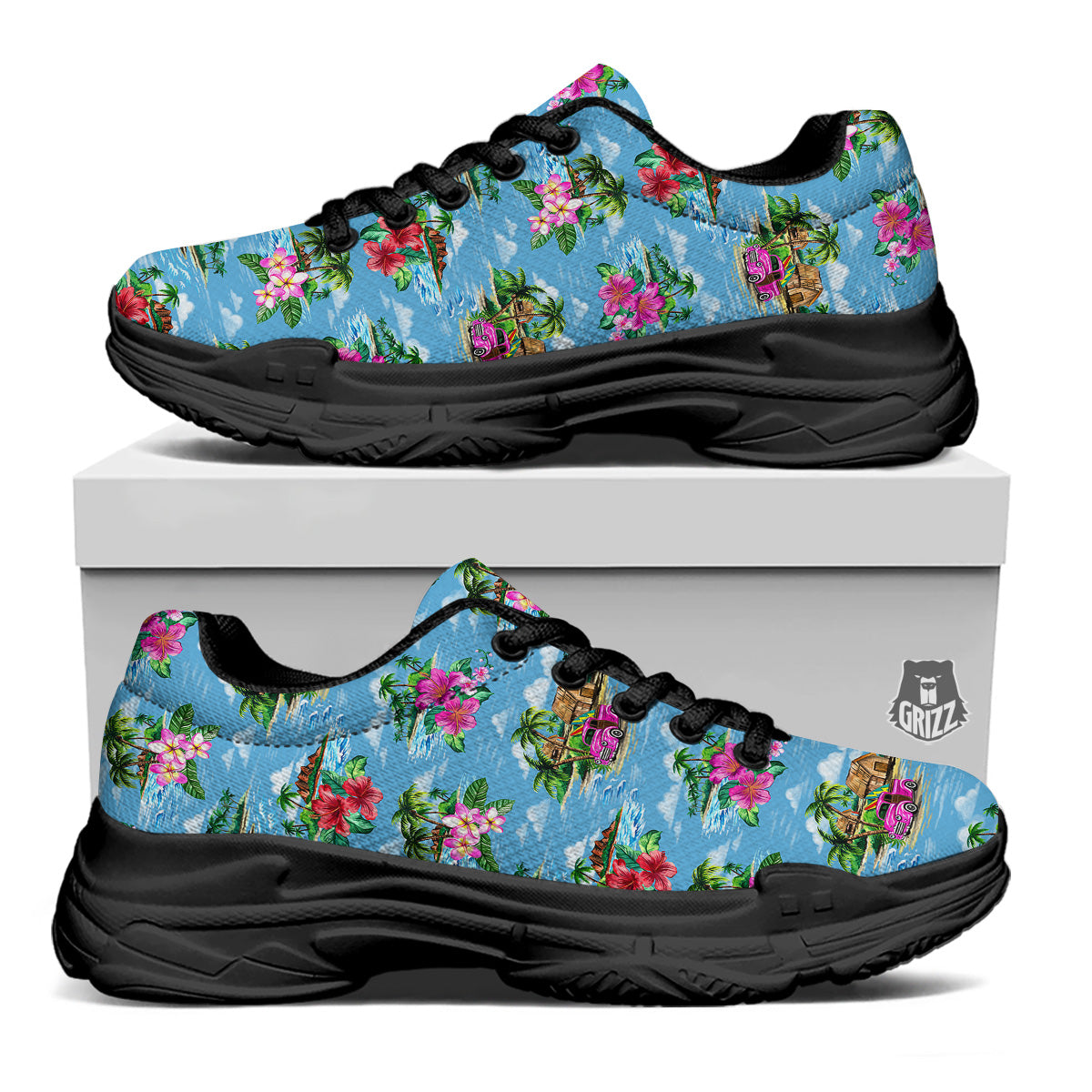 Vintage Hawaiian And Blue Sky Print Pattern Black Chunky Shoes-grizzshop