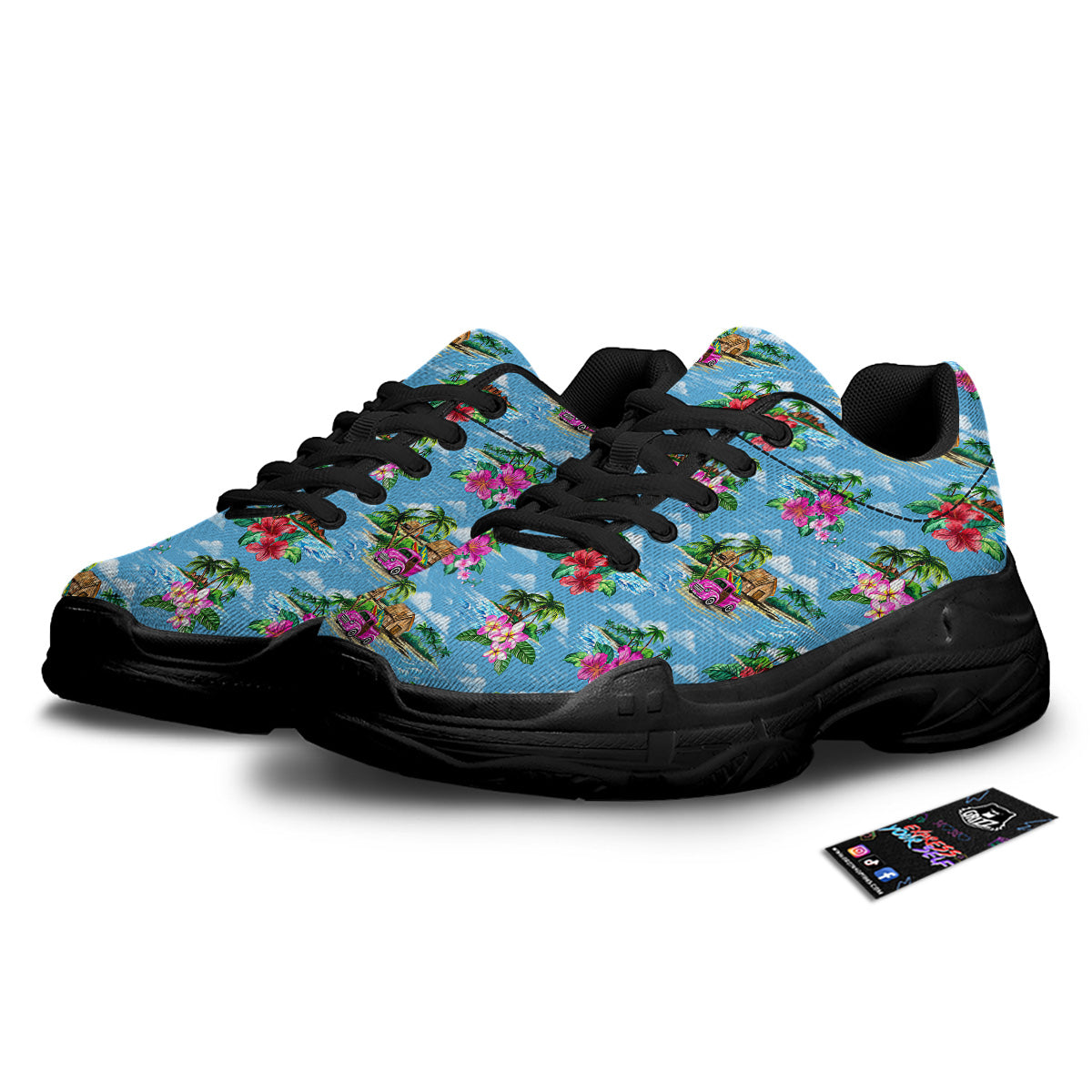 Vintage Hawaiian And Blue Sky Print Pattern Black Chunky Shoes-grizzshop