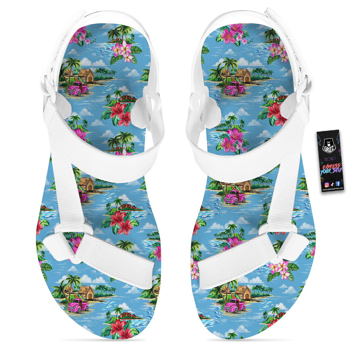 Vintage Hawaiian And Blue Sky Print Pattern White Open Toe Sandals-grizzshop