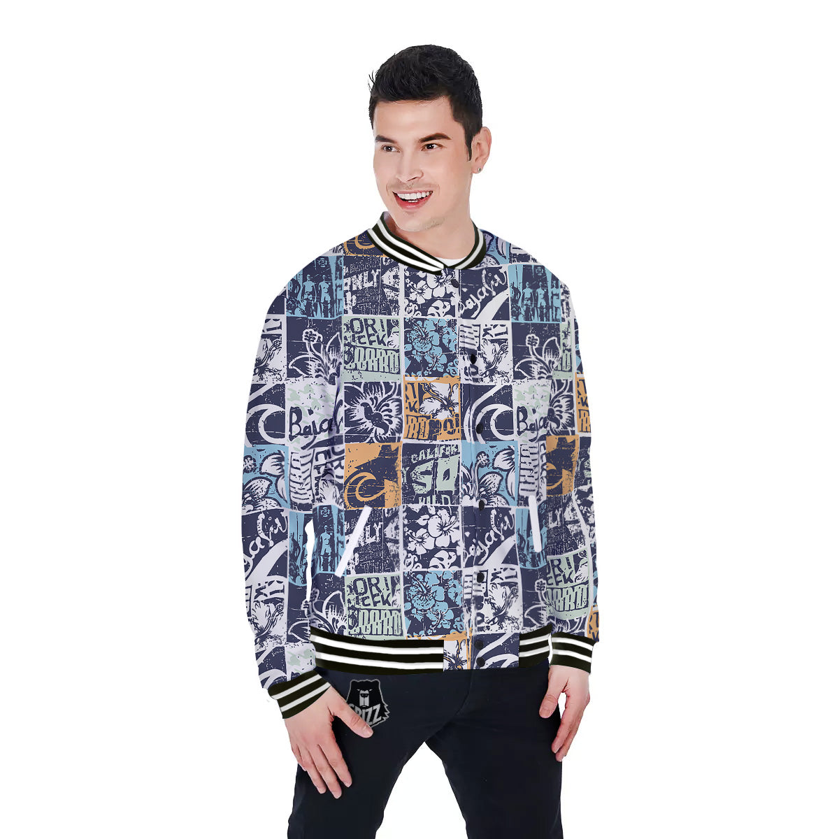 Vintage Patchwork Surfing Print Pattern Baseball Jacket-grizzshop