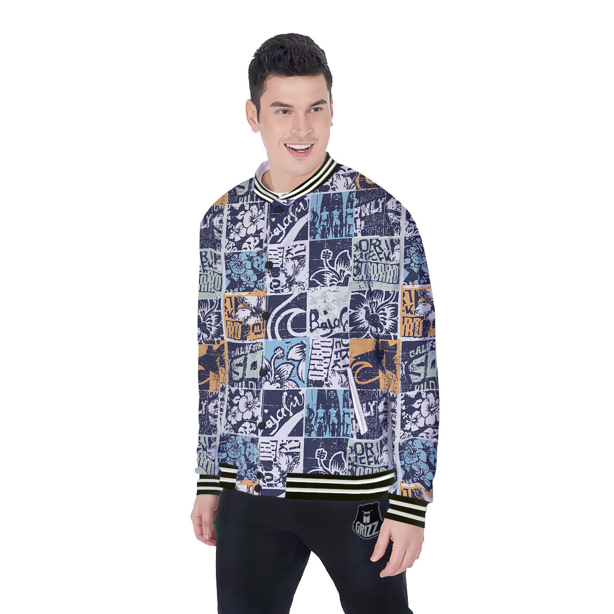 Vintage Patchwork Surfing Print Pattern Baseball Jacket-grizzshop