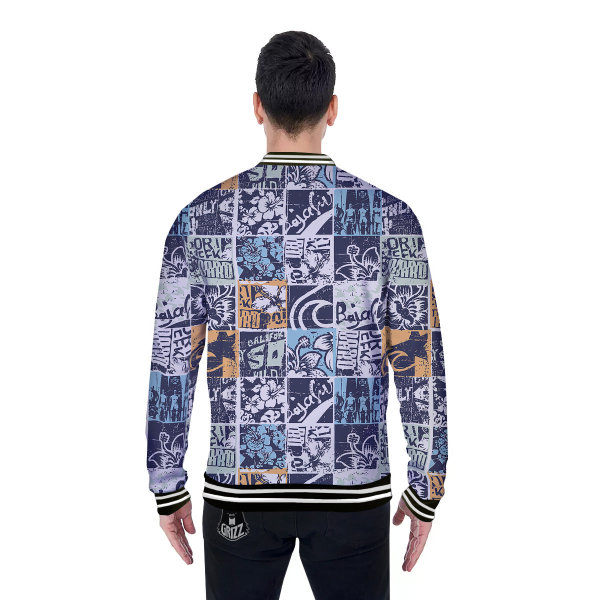 Vintage Patchwork Surfing Print Pattern Baseball Jacket-grizzshop