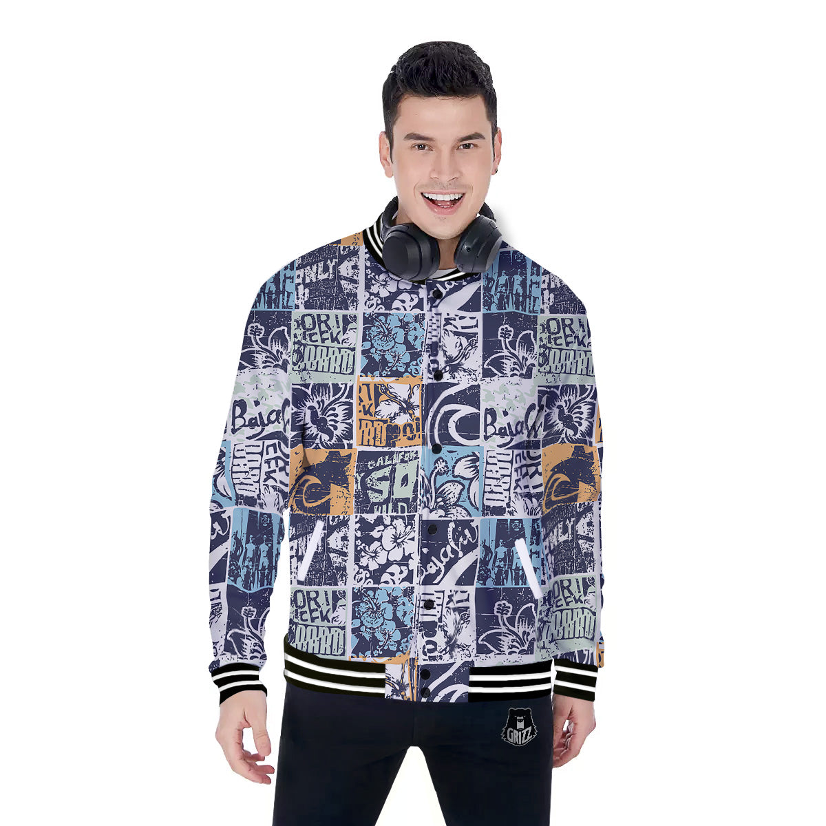 Vintage Patchwork Surfing Print Pattern Baseball Jacket-grizzshop